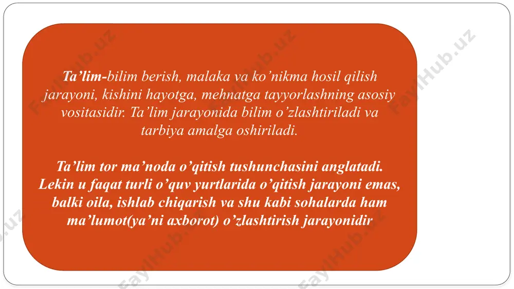 ga tayyorlik, mas’uliyatni anglagan ravishda faoliyat ko`rsatish. kognitiv o`quv maqsadlari sohasi darajalar tavsiya etiladigan fe’llar bilish aniqlash, nomlash, ta’riflash, yozish tushunish farqlash, tushuntirish, ifodalash, misol keltirish qo’llash ishlatish, tanlash, topish, tayyorlash, yechish, hisoblash таhlil farqlash, taqqoslash, qarama-qarshi qo`yish, tahlil qilish sintez tasniflash, tuzish, qurish, yaratish, jamlash baholash qaror qilish, baholash, tanqid qilish, fikr bildirish «loyiha» metodining tuzilmasi 5. текshirish 4. amalga oshirish 2. reja tuzish 6. xulosa chiqarish 3. qaror qabul qilish 1. ma’lumot yig’ish /docprops/thumbnail.jpeg