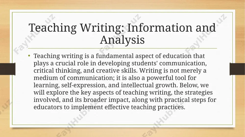 practice: provide structured activities where students practice specific types of writing, such as essays, letters, or stories. offer models and templates to guide them. encouraging creativity and critical thinking: assign open-ended tasks, like personal reflections, opinion pieces, or creative stories, to allow students to explore their ideas freely. feedback and revision: teach students to review and revise their work critically. peer reviews, teacher feedback, and self-assessment can help improve their writing. effective strategies for teaching writing use writing models:provide examples of good writing in different genres. discuss why these pieces are effective and what students can learn from them. incorporate collaborative writing:group projects or peer writing sessions foster collaboration and introduce students to diverse perspectives. writing across the curriculum:encourage writing in all subjects, not just language arts. for instance, science reports, historical essays, and math problem explanations build writing fluency in various contexts. effective strategies for teaching writing focus on …