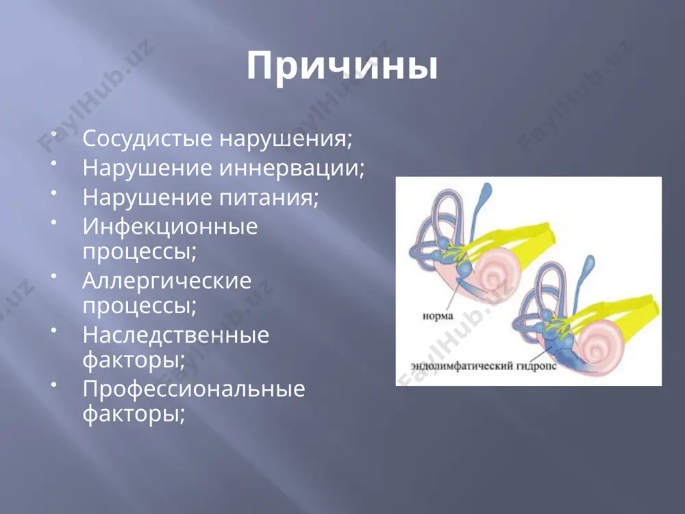 приступ представляет собой лишь еще более сильное, чем обычно, повышение давления. третья стадия. на данной стадии приступы головокружения могут быть уже не так интенсивны. чаще наблюдается постоянное, а не периодическое нарушение координации движений, меняется походка, становясь более шаткой и неуверенной. при этом жалобы на головокружение встречаются реже. это объясняется необратимыми изменениями на уровне рецепторов вестибулярного аппарата. другими словами, рецепторы частично разрушаются и больше не посылают нервных импульсов в мозг. диагностика сбор анамнеза: перенесенные травмы головы; перенесенные инфекции уха; наличие сопутствующих заболеваний; принимает ли пациент регулярно какие-либо препараты (действие некоторых отражаются на органе слуха); частота и продолжительность приступов; условия, в которых возникает приступ; место работы пациента (имеются ли вредные факторы, способствующие появлению болезни); зависимость приступов и симптомов от погоды (в частности, перепады атмосферного давления); наличие аллергии на что-либо. лабораторные исследования; оак; бак; тест на гормоны щитовидной железы; серологические методы; доплерография; аудиограмма; мрт; дифференциальная диагностика проявления болезни меньера можно ошибочно принять за …