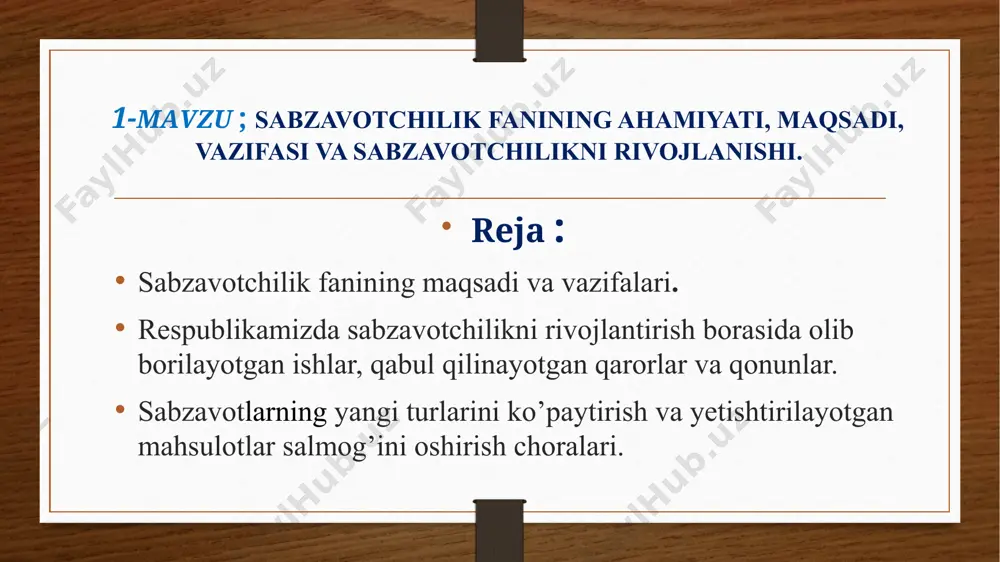 lardan keng foydalanish. 4. organik va mineral, azotli, fosforli va mikrobiolgik o‘g‘itlardan ekin turi, tuproq xossalari va rejalashtirilgan hosilga qarab o‘g‘itlash tizimini qo‘llash. 5. ekinlarni faqat egatlab sug‘orish usulidan emas, yangi progressiv usullardan (tomchilatib, yomg‘irlatib sug‘orish va h.k.) foydalanish. 6. texnologiyalarni joriy etishdagi kamchiliklarni bartaraf etib, ishlab chiqarish jarayoni tadbirlarini o‘z vaqtida va sifatli bajarish. urug‘larni ekishga tayorlashda ilg‘or usullarni qo‘llash. 7. begona o‘tlar, kasallik va zararkunandalarga tabaqa-lashtirilgan usullar asosida qarshi kurash. urug‘larni yuqumsizlantirish ishlarini yetarli darajada o‘tgazish. 8. poliz ekinlarining har xil kasaliklari, ayniqsa, qovunda fuzarioz so‘lish kasalligining keng tarqalganligi va unga qarshi samarali choralarni ishlab chiqish. 9. poliz ekinlari yaxshi hosil beradigan tog‘ oldi mintaqalaridagi lalmikor va adir yerlardan keng foydalanish. 10. noyob qovun navlarini maydonini kengaytirib, dunyo bozoriga mahsulot eksportini oshirish. 11. ekinlarni asosiy va takroriy qilib o‘stirishda zamonaviy tejamkor texnika, urug‘, o‘g‘it va samarali himoya vositalaridan foydalanishga erishish. sabzavot va polizlar tarkibida inson salomatligi uchun zarur …