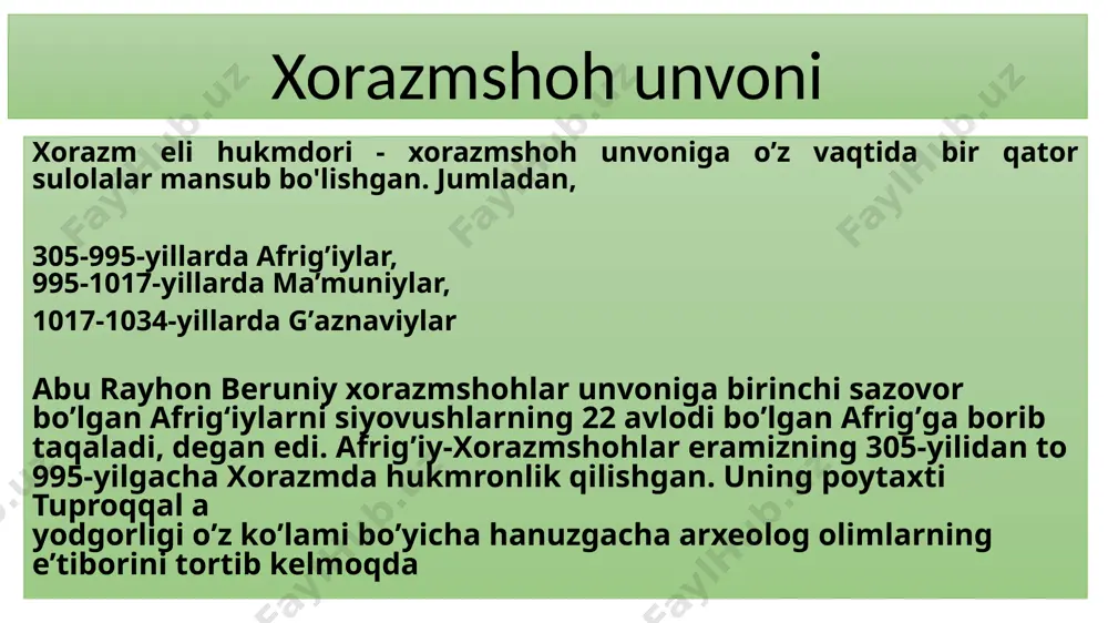 arron, ozarbayjon, shirvon, fors, kirmon, mikron, mang‘ishloq, kesh, seyiston, g‘ur, g'azna, bomiyon yerlari, jumladan, 400 ga yaqin shaharlar kirdi. 1206 йилда онон дарёси бўйида чақирилган мўғул уруғ ва қабила бошлиқларининг қурултойида темучин (1155–1227) улуғ хон (қоон) деб эълон қилинади, унга “чингиз” лақаби берилади ҳамда мўғуллар давлатига асос солинади чингизхон олиб борган урушлар натижасида гоби саҳросининг шарқий чегарасидан то тангритоғ (тянь-шань) тизмасининг ғарбий этакларигача бўлган вилоятлар мўғуллар давлати ҳукмронлиги остида бирлаштирилган эди мўғуллар давлати даставвал, 1216 йилда чингизхон ҳузурига хоразмшоҳ баҳоуддин розий бошчилигида ўз элчиларини юборади элчиларни чингизхон илтифот билан қабул қилади ҳатто элчилардан чингизхон, хоразмшоҳга етказишларини сўрайди султон муҳаммадни ғарб нинг соҳибқирони (ғарб мамлакатлари ерларининг султони) ўзини эса шарқнинг подшоси деб ҳисоблашини чингизхон қимматбаҳо совғалар ва моллар ортилган катта карвон билан ўз элчиларини хоразмга юборади. элчиларга хоразмлик савдогар маҳмуд ялавоч бошлиқ қилиб тайинланади. чингизхон элчиларини султон муҳаммад 1218 йилнинг баҳорида бухоро шаҳрида қабул қилади бухоро элчилар чингизхон султон муҳаммадни қудратли …