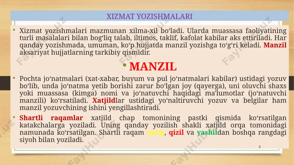 chiga, ya'ni o‘z egasiga ochilmasdan olib kiriladi (topshiriladi). hujjat oluvchi muassasalarning nomlari faqat bosh kelishikda yoziladi. masalan: o‘zbekiston respublikasi jismoniy tarbiya va sport vazirligi milliy terma jamoalarni saralash, shakllantirish va tayyorlash boshqarmasi tashkilotlarga yuboriladigan xatlarga manzil yozish 2 7 xatlar yo‘llanayotgan aniq shaxslar esa jo‘nalish kelishigida yoziladi (familiya ko‘rsatilmasligi ham mumkin). masalan: «toshkent truba zavodi» qo‘shma korxonasi reja-iqtisod bo‘limi boshlig‘iga agar oluvchining ismi, otaismi ham aniq bo‘lsa, familiya oldidan ularning bosh harflari yoziladi. masalan: parkent tumani matlubot jamiyati ulgurji va chakana savdo ochiq aksiyadorlik jamiyati boshqaruvining raisi s.m.sharipovga agar xat harbiy unvon, ilmiy unvon yoki darajaga ega bo‘lgan shaxsga yo‘llanayotgan bo‘lsa, shaxsning tegishli lavozimi, unvon yoki darajasi yoziladi. masalan: andijon davlat universiteti biologiya fakultetining dekani, professor i.r.mutalovga tashkilotlarga yuboriladigan xatlarga manzil yozish 3 8 bir turdagi tashkilotlar guruhiga yo‘llanayotgan hujjatlarda oluvchilarning nomi umumlashgan holda ko‘rsatilishi mumkin. masalan: o‘zbekiston axborot va ommaviy kommunikatsiyalar agentligi tizimidagi nashriyot, matbaa uylari direktorlariga hujjat (xat …