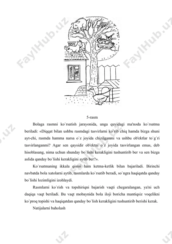 t «yil fasllari» metodikasi ushbu metodika 3 yoshdan 4 yoshgacha bo`lgan bolalar uchun mo`ljallangan. bolaga 6-rasm ko`rsatiladi va ushbu rasmlarga diqqat bilan qarab, rasmning har bir qismida yilning qaysi fasli tasvirlanganligi so`raladi. topshiriqni bajarish uchun 2 daqiqa vaqt beriladi. berilgan vaqt mobaynida bola nafaqat yil fasllarini aytib berishi, balki nima uchun shunday ekanligini va fasllarning belgilarini ko`rsatib bera olishi hamda ushbu qism aynan mana shu faslga tegishli ekanligini asoslab berishi kerak. natijalarni baholash 10 ball – berilgan vaqt mobaynida bola rasmdagi yil fasllarini bir-biri bilan bog`liq holda to`g`ri aytib bera olsa va har bir faslning ikkitadan belgisini ko`rsatib bera olsa (jami har bir faslning 8 ta belgisi ko`rsatilsa) qo`yiladi; 8 - 9 ball – bola rasmdagi har bir yil faslini bir-biriga bog`liq holda to`g`ri aytib bersa va yil fasllarining umumiy olganda 5- 7 tagacha belgisini to`g`ri ko`rsatib bera olsa qo`yiladi; 6-7 ball – bola yil fasllarini to`g`ri aniqlab, ammo o`z …