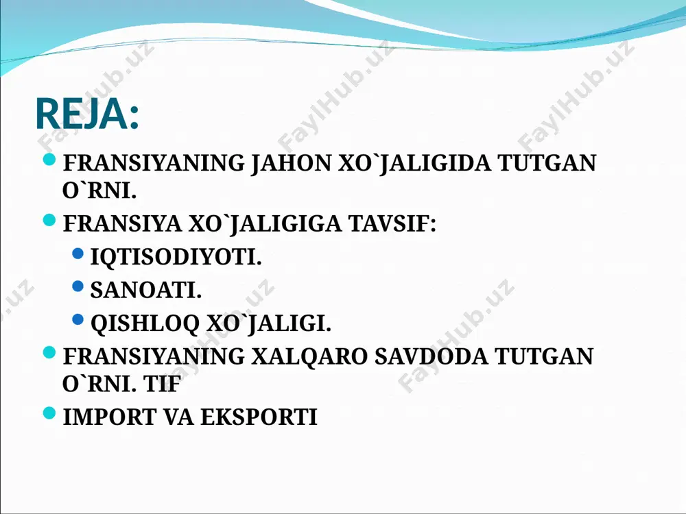 eyuon), 4 ta dengizorti hudud (fransuz polineziyasi, yangi kaledoniya oroli, uolles va futuna, janubiy yerlar va fransiya antarktidasi), shuningdek, alohida haq-huquqlarga ega hudud (mayor, sen-per mikelon). fransiya yevropa ittifoqi (yei), yevratom, g‘arbiy yevropa ittifoqi va bir necha siyosiy hamda iqtisodiy tashkilotlar a’zosi. 1949 yildan esa natoga a’zo bo‘lgan. . fransiya keng taraqqiy etgan industrial – agrar davlat u ko‘pgina yerosti qazilma boyliklariga ham ega temir rudasi toshko‘mir uran rudasi boksit va kaliy tuzi xo‘jalik yuritish ikki turda 7 foiz aholi qishloq xo‘jaligi sohasi bilan band. kichik fermalar ko‘p yer egalarining o‘rtacha yer maydoni 23 gektarni tashkil etadi. ammo, har yili xo‘jaliklar soni kamaymoqda (yillik 2,5 foiz). oilaviy pudrat va sanoatlashgan usulda tashkil etilgan. energetika . birgina energetika zahirasi jihatidan mamlakat 77 foizlik ulushga ega. fransiya har yili 490 mlrd. kilovatt/soat elektr energiyasi ishlab chiqarish quvvatiga ega umuman olganda mamlakat elektr energiyasi ishlab chiqarish bo‘yicha dunyoda aqsh, xitoy, yaponiya, rossiya va …