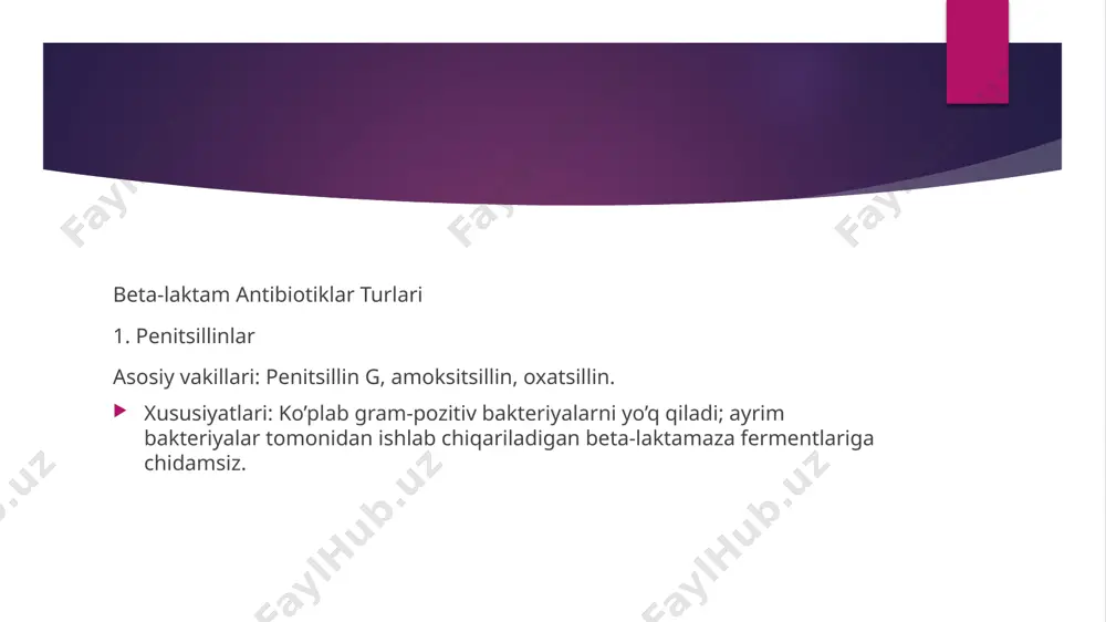 profilaktika: jarrohlik amaliyotlaridan oldin yuqori xavfli infektsiyalarni oldini olishda. asoratlari allergik reaktsiyalar (masalan, toshma). nephrotoksiklik: buyraklarga zarar yetkazishi mumkin. “red man syndrome”: vancomycinni tez infuziya qilishda yuzaga keladigan og’riq va qizil rangning paydo bo’lishi. e’tibor glikopeptid antibiotiklar kuchli va samarali dori vositalaridir, lekin ularni faqat shifokor tavsiyasiga muvofiq va ehtiyotkorlik bilan qo’llash zarur. noto’g’ri foydalanish antibiotiklarga chidamli bakteriyalarning rivojlanishiga olib kelishi mumkin. asoratlari allergik reaktsiyalar (masalan, toshma). ichak florasining buzilishi (diyareya, kandidiaz). antibiotiklarga chidamli bakteriyalarning paydo bo’lishi. bakteriyalarning antibiotiklarga sezgirligini aniqlash disk difuziya testi: antibiotik disklaridan foydalaniladi. broth dilutsiyasi testi: mik aniqlanadi. e-test: plastik strip yordamida sezgirlik baholanadi. antibiotiklarni foydalanishda ehtiyotkorlik talab etiladi, chunki noto’g’ri ishlatilishi antibiotiklarga chidamli bakteriyalarning rivojlanishiga olib kelishi mumkin. disk difuziya testi (kirby-bauer testi) — bakteriyalarning antibiotiklarga sezgirligini aniqlash uchun ishlatiladigan klassik usuldir. bu test orqali bakteriyalarning turli antibiotiklarga qanchalik sezgirligini o’lchash mumkin. testning o’tkazilishi 1. bakterial madaniyat tayyorlash: test uchun zarur bo’lgan bakteriyalar (masalan, escherichia …