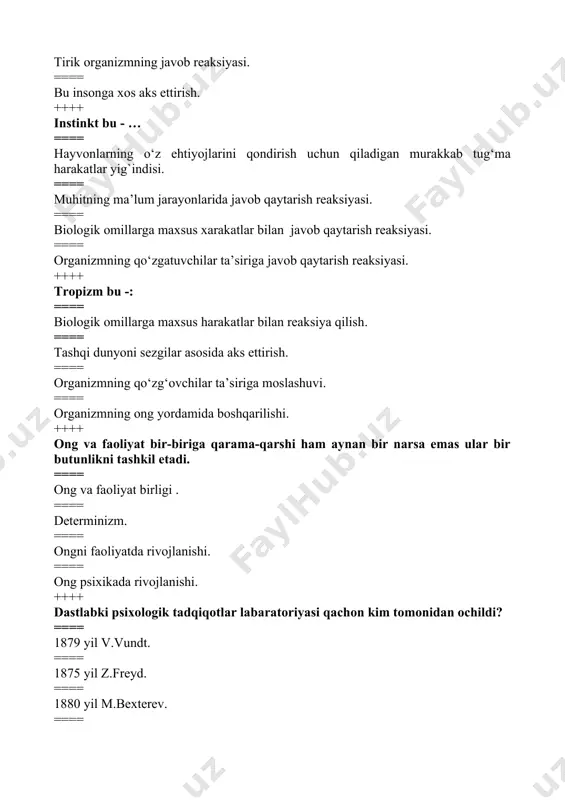 jtimoiy aks ettiruvchi ichki va tashqi kechinmalari. ++++ iroda ta’rifini aniqlang. ==== maqsadga erishishda qiyinchiliklarni, tо‘siqlarni yengish bilan bog‘liq bо‘lgan ixtiyoriy, ongli harakat. ==== narsa va xodisalarning ayrim xususiyatlarini ongda aks ettirish jarayoni. ==== narsa va hodisalar о‘rtasidagi munosabatlarning umumlashgan holda aks etishi jarayoni. ==== kishining ma’lum bir faoliyatni bajara olishga bо‘lgan layoqatni aks etishi jarayoni. ++++ iroda sifatlarini aniqlang. ==== о‘z-о‘zini tuta bilish, mustaqillik, matonatlilik. ==== insonparvarlik, gumanizm hamkorlik. ==== qat’iyatlilik, hamkorlik, samimiylik, odillik. ==== dо‘stlik, о‘rtoqlik, muhabbat va sevgi. ++++ individuallik bu... ==== ayrim psixologik jarayonlarning har bir shaxsning о‘zigagina xos bо‘lgan xususiyatlari. ==== chaqaloq, tilni va oddiy malakalarni о‘zlashtira olmaydigan odam. ==== shaxs psixologik xususiyatlarining qaytarilmaydigan birikmasi. ==== shaxsning hayot davomida orttirgan tajribasi. ++++ diqqatning ta’rifi qaysi javobda tо‘g‘ri berilgan? ==== ongni bir nuqtaga to‘plab, muayyan bir obyektga faol qaratilishini aytamiz. ==== narsa va hodisalarni umumlashtirib aks etgirish. ==== har qanday faoliyatning zaruriy sharti. ==== narsa va …