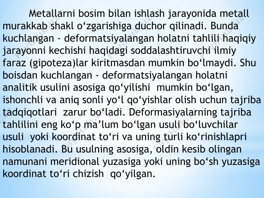 aqinlashtirib ishlatiladi. u quyida keltiriladi. metallarni bosim bilan ishlash nazariyasi amaliy muhandislik fani bo’lib, uning vazifasi metallarni bosim bilan ishlash jarayonlarini ratsional qurish va tahlil qilishning umumiy prinsi- pial asoslarini ishlab chiqish hisoblanadi. bunda metallarga bosim bilan ishlov berish faqat xomaki mahsulot, ko’pincha talab qilingan shakldagi tayyor detallar ham olishni ta’minlash emas, balki metallda sifat o’zgarishlarini ham keltirib chiqarishini hisobga olish lozim. metallarni bosim bilan ishlash nazariyasi bunday ishlov berish texnologiyasining ilmiy asosi bo’lishi kerak. metallarni bosim bilan ishlash nazariyasi quyidagilarni ko’rib chiqadi va o’rganadi: 1. operatsiyalari soni eng kam bo’lgan, ya’ni eng samarador texnologik jarayonlar yaratish maqsadida turli operatsiyalarda metallning eng katta shakl o’zgarishlari imkoniyati ta’minlanadigan sharoitlar. 2. xomaki mahsulot va detallarning eng yaxshi foydalanish tavsiflari olish maqsadida bosim bilan ishlov berishni metallning mexanik va fizikaviy xossalariga ta’siri. 3. dastlabki xomaki mahsulotni yoki bosim bilan ishlov be- rishdan keyin olinadigan detallarni o’lchamlari va shakllari orasidagi eng qulay nisbatlarni qidirib …