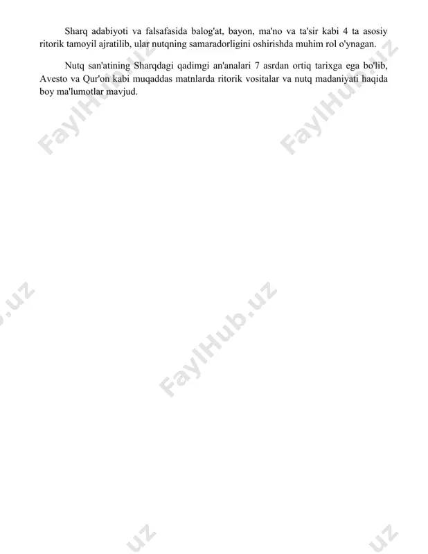 овчининг қалбига таъсир этиш қобилияти юксак баҳоланган. бу санъат фақат нутқ маҳорати эмас, балки ҳикмат ва маърифат билан чамбарчас боғлиқ бўлган. 📚foydalanilgan adabiyotlar 1. sharqning nutq san'ati haqidagi qarashlari to'g'risida. (manba ko'rsatilishi kerak) 2. sharq ritorikasi: tarixiy istiqbollardan. (manba ko'rsatilishi kerak) 3. o'rta osiyo xalqlarining an'anaviy nutq madaniyati. (manba ko'rsatilishi kerak) 4. islom olamida notiqlik san'ati. (manba ko'rsatilishi kerak) 5