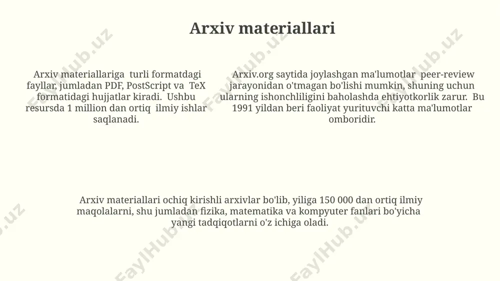 kitob, jurnal va boshqa nashrlarni qidirish imkonini beradi. oʻzbekistondagi 100 dan ortiq yirik muzeylar va kutubxonalar milliy merosimizning 5 milliondan ziyod eksponat va qoʻlyozmalarini saqlaydi, bu boy tariximiz va madaniyatimizni aks ettiradi. oʻzbekistondagi 100 dan ortiq yirik muzeylar va kutubxonalar milliy merosimizning 5 milliondan ziyod eksponat va qoʻlyozmalarini saqlaydi, bu boy tariximiz va madaniyatimizni aks ettiradi. boshlang'ich manbalar boshlangʻich manbalar, ikkilamchi manbalardan farqli o'laroq, voqea sodir bo'lgan davrga yaqinroq vaqt oralig'ida yaratilib, birlamchi dalillarni taqdim etadi, 100% ishonchlilikni kafolatlamasa-da. arxeologik topilmalar, tarixiy hujjatlar va amaliy san'at asarlari kabi 50 dan ortiq turdagi boshlangʻich manbalar mavjud boʻlib, ular tarixni oʻrganishda muhim ahamiyatga ega. boshlangʻich manbalar toʻgʻridan-toʻgʻri kuzatish yoki ishtirok natijasida olingan maʼlumotlarni oʻz ichiga oladi, masalan, 17-asrga oid kundaliklar yoki 2023-yilda oʻtkazilgan intervyular. ma'lumotni baholash usullari sifatli ma'lumotlarni baholashda mazmun tahlili, kodlash va tematik tahlil kabi usullar qo'llaniladi, bu esa ma'lumotlarning to'liqligi, aniqligi va ob'yektivligini tekshirishga imkon beradi. kvantitativ ma'lumotlarni baholashda …