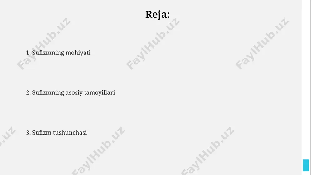 kkab va ko'p qirrali madaniy hodisaga aylangan. sufizmning kelib chiqishi 7-asrda, islom dinining paydo boʻlishidan keyin, arabistonning madina shahrida paydo boʻlgan va dastlabki sufiy shaxslari paygʻambar muhammadning (s.a.v.) sahobalari orasidan yetishib chiqqan. sufizmning dastlabki davrida, taxminan 8-10-asrlarda, xuroson va bag'dod kabi markaziy osiyo va yaqin sharqning yirik shaharlarida bir qancha sufiy tartiblari va maktablari vujudga kelgan. mashhur sufiylar va ularning ta'limi 13-asrda damashqda yashab ijod qilgan ibn arabiyning "fusus al-hikam" ("hikmatlarning marvaridlari") asari 27 payg'ambar haqidagi 27 maqoladan iborat bo'lib, tasavvufning yuksak cho'qqilarini ifodalaydi. buxorolik mashhur sufiy abdulxoliq g'ijduvoniy (1100-1179)ning "avaat" asari 200 dan ortiq hikoyalar orqali tasavvufning asosiy tamoyillarini, insonning kamolga yetish yo'llarini bayon qiladi. 12-asrda yashab ijod qilgan xorazmlik buyuk mutafakkir va sufiy al-xorazmiyning ta'limoti, islom falsafasi va tasavvufning rivojlanishiga katta hissa qo'shgan. uning asarlari 70 dan ortiq qo'lyozma shaklida saqlanib qolgan. sufizmda she'riyat va musiqa 13-asrda xorazmda yashab ijod qilgan jaloliddin rumiyning g'azallari sufiylik falsafasini musiqa orqali …