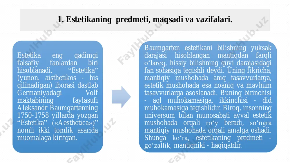 ko‘rinishlarini ijtimoiy taraqqiyotga salbiy ta’sirini ochib berish yoshlarda estetik boy dunyoqarashni hosil qilish, ularning estetik madaniyatini va ijodiy fikrlashlarini shakllantirish estetika fan sifatida ilmiy, ma‟rifiy, badiiy taraqqiyotning o„ziga xos muammolari doirasida bahs yuritadi, tahlil qiladi, o„rganadi va o„rgatadi. estetikaning eng asosiy funksiyalari dunyoqarashni shakllantirish funksiyasi bilish funksiyasi metodologik funksiyasi yaratuvchanlik funksiyasi estetika tamoyillari uyg‘unlik yaxlitlik ifodalilik maqsadga muvofiqlik estetika qonunlari estetik faoliyat qonuni badiiy ijod qonuni badiiy jarayon qonuni badiiy idrok qonuni estetik idrok qonuni estetikaning boshqa fanlar bilan o`zaro aloqalari etika dinshunoslik pedagogika psixologiya sotsiologiya semioteka estetik ong turlari estetik his- tuyg‘u estetik did estetik baho estetik ideal yoki estetik orzu estetik nazariya (qаrаshlаr, tа`limоtlаr vа konsepsiyalar) estetik his-tuyg‘u. estetik his-tuyg‘u — insonning voqelikka, kishilarga, o‘z faoliyatiga nisbatan munosabatdir. bu tuyg‘u bizni o‘rab turgan voqelikni estetik jihatdan his etish qobiliyatidir, uning go‘zalligini, uyg‘unligini sezishdir. estetik did. estetik did voqea- hodisalarning estetik sifatlarini inson tomonidan idrok etmoq va baholamoq jarayonida …