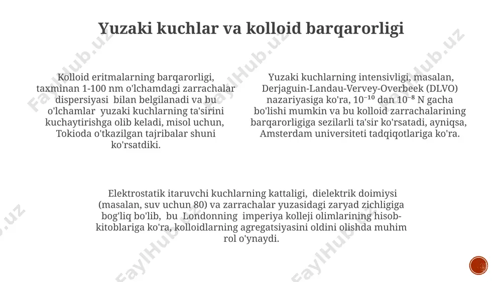 londonda o‘rganilgan va kolloidlarni aniqlashda muhim ahamiyatga ega. kolloid eritmalar: kirish kolloidlarning o'ziga xos xususiyatlarini o'rganishda, masalan, 25°c haroratda suvda oltin kolloidining brownian harakati kuzatilishi mumkin. 1827-yilda robert braun tomonidan o'rganilgan braun harakati, kolloid zarrachalarining tasodifiy harakatini tushuntirishda muhim rol o'ynaydi va bu jarayonlarni london yoki amsterdam kabi yirik shaharlardagi laboratoriyalarda o'rganish mumkin. kolloid eritmalar 1-100 nm o'lchamdagi zarrachalardan tashkil topgan bo'lib, bu ularni oddiy eritmalardan farqlashga yordam beradi va tyndall effekti kabi xususiyatlarni namoyon qiladi. viskozitet va reologik xususiyatlar viskoelastik xususiyatlarni namoyon qiluvchi kolloid eritmalar, masalan, 10% li polimer eritmasi (hindiston), deformatsiyaga qarshilik va vaqt o'tishi bilan shaklni tiklash qobiliyatini ko'rsatadi. reologik xususiyatlar, masalan, tixotropiya, ko'plab oziq-ovqat mahsulotlari, masalan, sut yoki yogurt (qo'shma shtatlar) kabi, kolloid tizimlarining muhim xususiyatlaridir. kolloid eritmalarning viskoziteti, 25°c da suvga nisbatan 10 dan 1000 gacha bo'lgan qiymatlar oralig'ida o'zgarib, eritmaning konsentratsiyasi va zarracha o'lchamlariga bog'liq bo'ladi. elektrokinetik hodisalar elektrokinetik hodisalar, masalan, elektroforez, kolloid zarrachalarining …