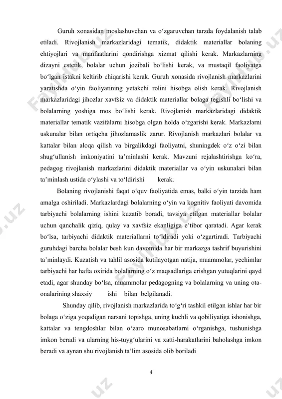 arini toʻla namoyon etishga intilishi, yangi tajribani qabul qilishi, turli hayotiy vaziyatlarda ongli ravishda qaror qabul qilishga qodirligi turadi. kursni ishining maqsadi – maktabgacha taʼlimda kompetensiyaviy yondashuvning bola rivojlanishida ahamiyati, mohir pedagoglarning bu usul bilan bola iqtidorini namoyon qila olishi hamda mashgʻulotlarning mukammal bolishida samara berish. kurs ishi ishining vazifasi: 1.mttda bolalarni maktab taʼlimiga tayyorlashda kompetensiyaviy yondashuvlar 2. kompetensiya yondashuv asosida maktabgacha taʼlim jarayonida bolalarning fikrlash faolligini rivojlantirish 3.kompetensiyaviy yondashuv asosida rivojlantiruvchi markazlarda taʼlimiy faoliyatni tashkil etish kursni tugatish ishining tarkibiy qismi: kirish, ikki bob, toʻrt boʻlim, xulosa va foydalanilgan adabiyotlar roʻyxatidan iborat. i bob. maktabgacha yoshdagi bolalarga taʼlim berishda kompetensiyaviy yondashuv 1.1. mttda bolalarni maktab taʼlimiga tayyorlashda kompetensiyaviy yondashuvlar maktabgacha yoshdagi bolalarga taʼlim berishda kompetensiyaviy yondashuv oʼsib borayotgan bola shaxsini hayotga tayyorlash, unda hayotiy muhim masalalarni hal qilish uchun zarur boʻlgan, axloqiy meʼyor va qadriyatlarni oʻzlashtirish, boshqa insonlar bilan muloqot qilish, unda “men” obrazini qurish bilan bogʻliq boʻlgan faoliyat …