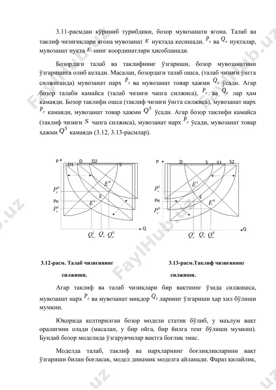 згариши ҳар хил бўлиши мумкин. юқорида келтирилган бозор модели статик бўлиб, у маълум вақт оралиғини олади (масалан, у бир ойга, бир йилга тенг бўлиши мумкин). бундай бозор моделида ўзгарувчилар вақтга боғлиқ эмас. моделда талаб, таклиф ва нархларнинг боғлиқликларини вақт ўзгариши билан боғласак, модел динамик моделга айланади. фараз қилайлик, маълум вақт оралиғида (масалан, бу оралиқ бир ой бўлсин) бир бирлик товарнинг бозор нархи бўлсин (яъни, товар нархи бир ой ичида ўзгармайди). товарнинг бозор нархи мувозанат нархга тенг бўлиши ҳам, тенг бўлмаслиги ҳам мумкин. агар биз вақт оралиғини қарасак, у ҳолда қийматларни қабул қилади. - нарх траекториясини ёки динамик модел траекториясини беради. битта маҳсулот учун бозорнинг динамик моделини қараймиз. моделда талаб чизиғини ва таклиф чизиғи вақт ўзгариши билан ўзгармайди деб фараз қилайлик. талаб функцияси ва таклиф функцияси нарх га боғлиқ. бу ерда - оралиқдаги нарх, - олдинги p - оралиқдаги нарх. талаб функцияси: бу ерда - ўзгармас параметрлар. таклиф функцияси: бу ерда …