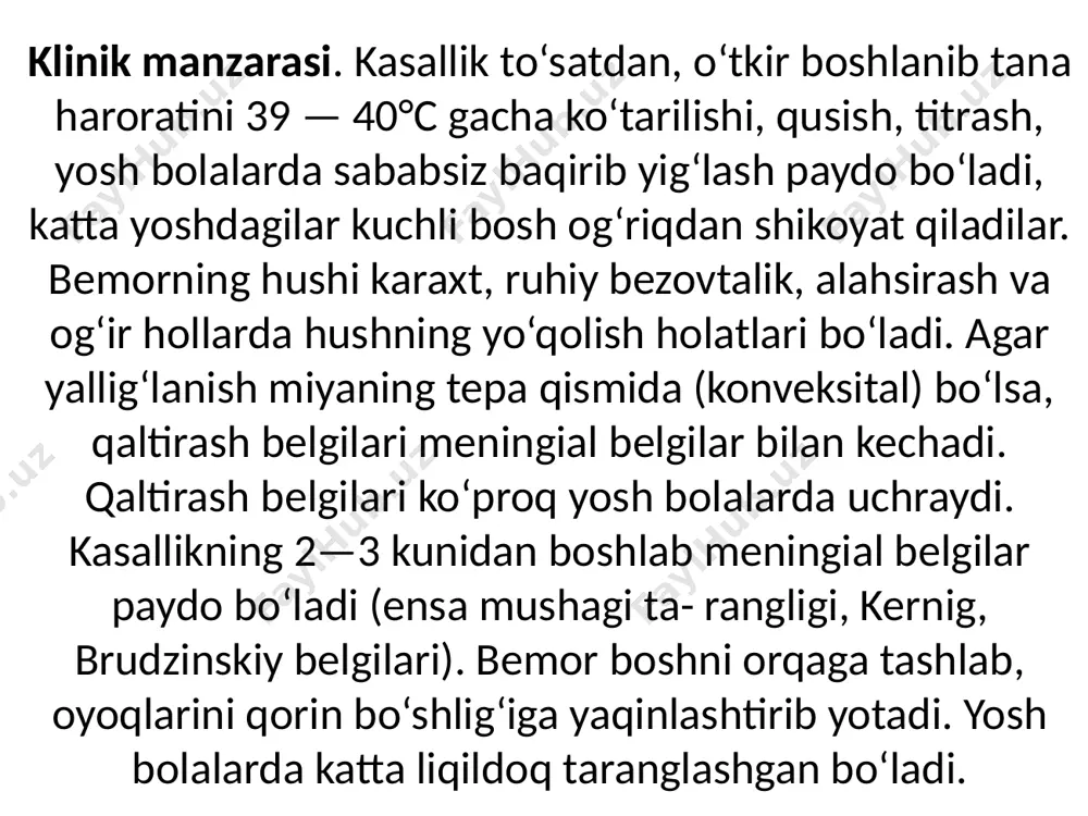 aynishi) hamda vegetativ o‘zgarishlar (so‘lak oqishi — gipersalivatsiya, bosh, qo‘l-oyoq panjalarining me’yoridan ortiq terlashi, yog‘ bezlari faoliyatining kuchayishi) paydo bo‘ladi. epidemik ensefalitning o‘tkir davri 2—4 kundan 4 oygacha davom etadi. kasallikning ikkinchi davri bir necha oy, hatto yildan keyin avj olib boradi. kasallikning bu davri surunkali kechadi va parkinsoninzm alomatlari paydo bo‘ladi. bunda bemorlar sustkash, kam harakat bo‘lib qoladi. bemorning mimikasi kam ifodali bo‘lib qoladi, yuzi qotib qolgandek bo‘lib turadi. bemorning nutqi tushunarsiz, ovozi past chiqadi. mushaklar tonusi kuchayib, harakatlar esa kamayib boradi. bemor boshi bilan tanasini oldinga bukkan holda, qo‘llarini gavdaga yaqinlashtirib va tirsakdan bukib, mayda qadam tashlab yuradi. bemorning qo‘l barmoqlari, panjasi, boshi o‘z-o‘zidan qimirlab turadi. ko‘pincha og‘izdan so‘lak oqib turadi. parkinsonizm miya qontomirlari aterosklerozi keyin ham kelib chiqadi. kasallikning bu davrida xotiraning pasayib qolishi va ruhiy o‘zgarishlar yuzaga keladi. davosi. kasallikning o‘tkir davrida bemor o‘rnidan turmay yotishikerak. 40 % 5,0 ml urotropinni 40 % 15,0 ml glukoza …