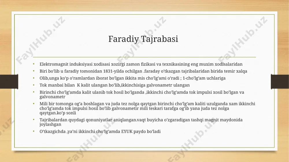 qqa shunday 2lampa va unga ketma ket qilib temir o’zagi bo’lgan l g’altak elektromagnit ulaymiz. r reostat yordamida ikkala tarmoqning ham qarshiligini birday qilib olamiz .k kalit ulanganda 1lampa zanjir ulangan hamon yonadi .2lampa esa birmuncha kechikib yonadi.bu tajribada ro’y bergan hodisalarning sababi elektromagnit induksiya ekanligini korsatish mumkin (rasm pastki qisimda) image5.png image6.png image7.png image8.png image9.png image10.png image11.png image12.png image3.png image4.png /docprops/thumbnail.jpeg