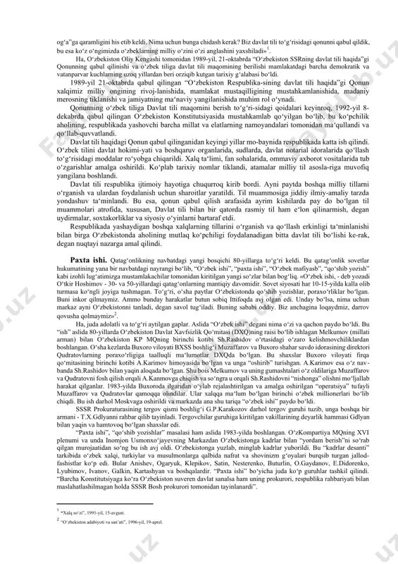 iridan mustaqil ikki yoʻnalishda olib borilgan. birinchisi. diniy-islomiy yoʻnalishda boʻlsa, ikkinchisi umummaʻrifiy-siyosiy va demokratik yoʻnalishdadir. bu har ikkala yoʻnalishning umuminushtarak maqsad yoʻlida mustaqillik uchun kurashda birlashib harakat qilmaganligi, koʻp hollarda esa ikkinchi darajali muammo va masalalar atrofida kelisholmasdan biri-birini inkor etib kelganligi har ikkala yoʻnalishning ham zaif tomonlaridan boʻlib, undan mustamlakachi kuchlar ustalik bilan foydalanganlar. 80-yillarda ham bu jaravonda aytarlik oʻzgarishlar boʻlgan emas. sovetlar va kommunistik firqa islom diniga qarshi “din xalq uchun afyundir” degan qoidani asos qilib oldi, milliy qadriyatlarimizga qarshi tinimsiz kurashdi. i.b.usmonxoʻjayev oʻzkp xxi syezdida hisobot maʻruzasida bunday degan edi: «namangan viloyatida noxush diniy vaziyat hamon davom etib kelmoqda. shu viloyatning shahar va rayonlarida roʻyxatga olinmagan diniy birlashmalar qonunga xilof ravishda ish koʻrib kelmoqda, oʻsmirlar va ayollarga gruppa-gruppa qilib diniy aqidalarni oʻrgatish faktlari aniqlandi. oʻzbekiston milliy mustaqilligi uchun kurashning ikkinchi yoʻnalishi - umummaʻrifiy harakat, siyosiy va demokratik erkinliklar uchun kurash tarafdorlaridir. bu yoʻnalishning asosini oʻzbekiston ziyolilarining ilgʻor …