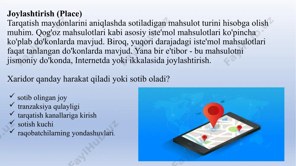 farq mahsulotni sotib olish maqsadiga asoslanadi. agar iste'molchi uy atrofida ishlatish uchun maysazorni sotib olsa, maysazor iste'mol mahsulotidir. agar o'sha iste'molchi ko'kalamzorlashtirish ishida foydalanish uchun o'sha maysazorni sotib olsa, maysazor sanoat mahsuloti hisoblanadi. materiallar va ehtiyot qismlar materiallarga xomashyo, yarim xomashyo va tabbiy materiallar kiradi. ehtiyot qismlariga komponnetli materiallar va butlovchi qismlar kiradi. kapital buyumlar kapiatl buyumlarga o’rnatish va qo’shimcha qurilmalar kiradi. ta’minot va xizmatlar ta’minot va xizmat tabiiyki, ta’minot ishlari va qo’shimcha xizmatlarni o’z ichiga oladi. yangi mahsulot ishlab chiqarish muammosi mahsulotning hayotiy tsikli strategiyasi mahsulotning hayotiy tsikli ikkita katta qiyinchilikni keltirib chiqaradi: kompaniya yangi mahsulotlarni ikki usulda olishi mumkin. ☞ sotib olish yo'li bilan (butun bir kompaniyani, patentni yoki boshqa birovning mahsulotini ishlab chiqarish uchun litsenziyani sotib olish orqali.) ☞firmaning yangi mahsulot ishlab chiqarishga bo'lgan sa'y -harakatlari orqali. (yangi mahsulotlar deganda biz asl mahsulotlarni, mahsulotni takomillashtirishni, mahsulotning modifikatsiyasini va firma o'z mahsulotini ishlab chiqaradigan yangi brendlarni nazarda tutamiz). …