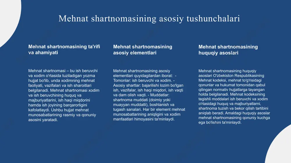 atlarni rasmiylashtirish - mehnat shartnomasini tuzish va uning shartlarini bajarish - xodimlarga xavfsiz va sog‘lom mehnat sharoitlarini yaratish - ish haqi va boshqa to‘lovlarni o‘z vaqtida to‘lash - xodimlarni rag‘batlantirish va ish faoliyatini baholash [rasm: ofisda ishga qabul jarayoni yoki ish sharoitlarini ko‘rsatuvchi kvadrat formatdagi, o‘rta o‘lchamli rasm] xodimlar bilan aloqalar va muammoli vaziyatlar: - xodimlarning huquqlari va manfaatlarini himoya qilish - ish joyida mehnat intizomi va xavfsizligini ta’minlash - kelib chiqadigan muammoli vaziyatlarni hal qilishda adolatli yondashuv - ishchi va ish beruvchi o‘rtasidagi ijtimoiy-psixologik muhitni barqaror saqlash - zamonaviy mehnat tamoyillariga amal qilish va rivojlanish imkoniyatlarini taqdim etish [rasm: ish joyida xavfsizlik yoki jamoaviy ish muhitini aks ettiruvchi kvadrat formatdagi, o‘rta o‘lchamli rasm] xodim majburiyatlari va muammolar xodimning asosiy majburiyatlari quyidagilar: belgilangan ishni sifatli bajarish, mehnat intizomini saqlash, ish beruvchining qonuniy ko‘rsatmalariga amal qilish, xavfsizlik qoidalariga rioya qilish va maxfiylikni ta’minlash. har bir majburiyat mehnat samaradorligini oshirishga xizmat qiladi. …