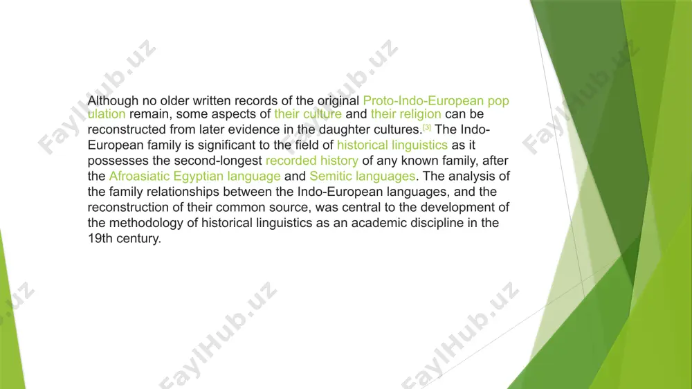 r, proto-indo-european. membership in the various branches, groups, and subgroups of indo-european is also genealogical, but here the defining factors are shared innovations among various languages, suggesting a common ancestor that split off from other indo-european groups. for example, what makes the germanic languages a branch of indo-european is that much of their structure and phonology can be stated in rules that apply to all of them. many of their common features are presumed innovations that took place in proto-germanic, the source of all the germanic languages. /docprops/thumbnail.jpeg