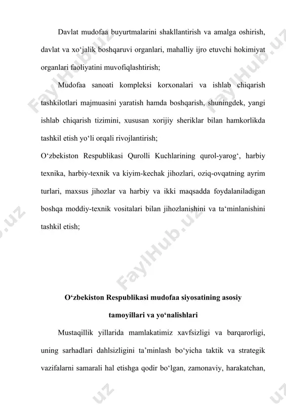 darajada: mintaqada tinchlik va barqarorlikni ta’minlash, mintaqaviy xavfsizlikning eng muhim muammolarini hal etish, shu jumladan afg‘onistondagi vaziyatni tartibga solishga ko‘maklashish, transchegaraviy oqarsuv resurslaridan foydalanish masalalarini hal etish, chegaralarni delimitatsiya va demarkatsiya qilish jarayonlarini tugallash, ekologik barqarorlikni ta’minlash, favqulodda vaziyatlarga hamda tabiiy va texnogen xususiyatdagi transchegaraviy tahdidlarga e’tibor qaratish yuzasidan ta’sirchan chora-tadbirlarni kurish; mintaqadagi tinchlik, barqarorlik va xavfsizlikka tashqi hamda ichki tahdidlar bo‘lishiga yo‘l qo‘ymaslik va ularni neytrallashtirish, ekstremizm, terrorizm, uyushgan hamda transchegaraviy jinoyatchilikka qarshi kurashish borasida markaziy osiyodagi barcha mamlakatlar bilan o‘zaro hamfikrlik va amaliy hamkorlikni mustahkamlash; mintaqa davlatlari o‘rtasida harbiy sohadagi hamkorlikni kengaytirish, ishonch va xavfsizlikni mustahkamlash; v) xalkaro darajada: birlashgan millatlar tashkilotining, boshqa xalqaro tashkilotlar va institutlarning xalqaro xavfsizlikni ta’minlash va hamkorlikni rivojlantirish borasidagi ishlarida ishtirok etish; o‘zbekiston respublikasi milliy xavfsizligining uzoq muddatli manfaatlaridan kelib chiqqan holda manfaatdor mamlakatlar bilan strategik sheriklik munosabatlarini o‘rnatish va saqlab turish hamda davlatlararo o‘zaro manfaatli, mustahkam aloqalarni yo‘lga quyish; ommaviy qirg‘in qurollarini …