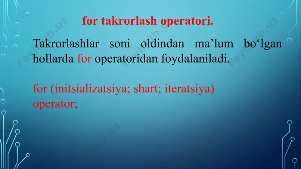 { continue; console.writeline(i); } // 0 dan 100 ga cha bo'lgan sonlar ichidan juftlarini topish. for (int i = 0; i <= 100; i++) { if ((i % 2) != 0) continue; // agar i 2 ga bo'linmasa ekranga chiqarish operatori ishlatilmaydi! console.writeline(i); } e`tiboringiz uchun raxmat! image2.png image3.png image4.png /docprops/thumbnail.jpeg