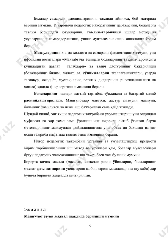 расининг мулкига айланиши учун уни муфассал ўрганиш, пухта тахлил қилиш ва амалиётда синаб кўриш керак бўлади. методистнинг энг яхши педагогик тажрибани умумлаштириш бўйича иши айтиб ўтилган талабларнн таъминлашдан иборатдир. тарбиячиларнинг энг яхши тажрибаси ҳужжат материалларида ҳам берилиши мумкин: машғулот ва бошқа кун тартибидаги фаолият конспектларида, ишнинг истиқбол( йиллик) ва календар режаларида (2—3 ҳафтага), тарбиячиларнинг кундаликларида, турли методикалар бўйича машғулотларнинг видеокассета ёзувларида, очиқ машғулотлар ва кун тартиби муҳокамасининг баённомаларида, байрамлар эрталиклари, тематик кечалар ва болалар учун концертлар дастурларида, қўлланмалар намуналарида, болаларнинг энг яхши аппликация, конструкциялаш ишларидл фото суратлар тарзида берилиши мумкин. турли шароит ва йил фасл- 2-ж а д в а л муомалада бўлиш сабаблари тарбиячи болалар бир бола билан коллек-тив билан тарбия-чи билян бир бола билан коллек-тив билан ташкилин интизомий фаолият жараёнида муома- ла (бошқариш, ёрдам, масла- ҳатлар) мавзу бўйича гаплашиш: а) бола ҳақида, унинг оила- си ҳақида б) кўргазмали-тасаввур пред- метлари ҳақида в) болаларнинг болалар боғчасидаги ҳаёт ва фаолияти …