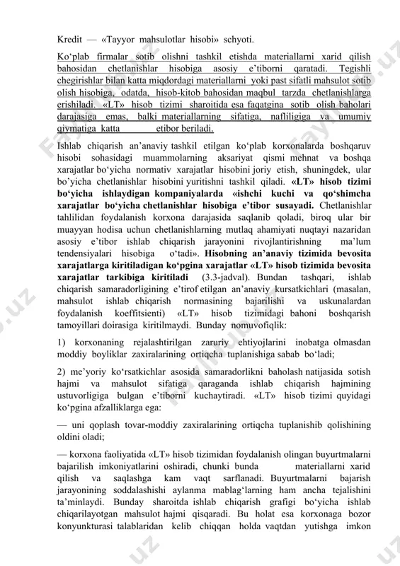 uxgalteriya hisobining 21-sonli milliy standartiga binoan moddiy boyliklar harakati bo‘yicha buxgalteriya yozuvlari quyidagi tarzda amalga oshiriladi: 1. pudratchilardan moddiy zaxiralarning kelib tushishi: debet — «materiallar hisobi» schyotlari. 1010 kredit — «mol yetkazib beruvchilar va pudratchilarga tulanadigan schyotlar» schyoti. 6010 2. tovar - moddiy zaxiralar omborxonadan xisobdan chiqarishga berildi: debet — «asosiy ishlab chiqarish» schyoti. 2010 kredit — «materiallar hisobi» schyotlari. 1010 3. tayyor mahsulotlar omborga qabul qilindi: debet — «tayyor mahsulotlar hisobi» schyoti. 2810 kredit — «asosiy ishlab chiqarish» schyoti. 2010 4. tayyor mahsulotlarni junatish va sotish: debet — «sotilgan mahsulot (ishlar, xizmatlar) tannarxi hisobi» schyoti. kredit — «tayyor mahsulotlar hisobi» schyoti. ko‘plab firmalar sotib olishni tashkil etishda materiallarni xarid qilish bahosidan chetlanishlar hisobiga asosiy e’tiborni qaratadi. tegishli chegirishlar bilan katta miqdordagi materiallarni yoki past sifatli mahsulot sotib olish hisobiga, odatda, hisob-kitob bahosidan maqbul tarzda chetlanishlarga erishiladi. «lt» hisob tizimi sharoitida esa faqatgina sotib olish baholari darajasiga emas, balki materiallarning …