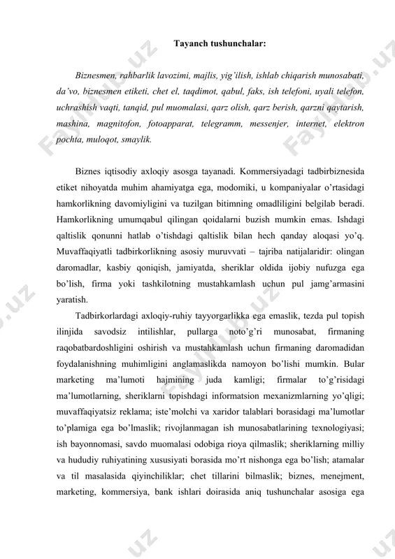 alasida qiyinchiliklar; chet tillarini bilmaslik; biznes, menejment, marketing, kommersiya, bank ishlari doirasida aniq tushunchalar asosiga ega bo’lmaslik; hujjatlarni rasmiylashtirishdagi qiyinchiliklar; mutaxassislar va tadbirkorlar qo’llaydigan ilmiy - texnik atamalarning eskirganligidir. hayot fazosi bo’lmish bozor taraqqiyotini o’zlashtirar ekanlar, tadbirkorlar bir narsani bilishlari lozim: bozor tuzilmasiga kirishga intiq bo’lgan tadbirkorlardan faqat 10-15 foizigina muvaffaqiyatga erishadilar. muvafaqqiyatga faqat o’zining ijodiy jihatdan iste’dodini ifodalash hissi kuchli bo’lgan, doimo odamlarni, ularning ehtiyojlari va qiziqishlarini o’rganadigan, odamlarning ishonchini qozonishga intiladigan, vijdonli va axloqli, tinimsiz ma’naviy hamda kasbiy komillikni o’zida namuna sifatida ko’rsatadigan, va oxir-oqibat, boshqaruv mahoratining yuqori ko’rsatkichi bo’lmish – odamlardagi intellektual faoliyatni ocha biladigan odamlargina erishadilar. bu haqiqiy tadbirkorning xususiyatlaridir. oxirgi yillarda ko’pgina tashkilot va muassasalar to’g’ridan-to’g’ri tashqi bozorga chiqish huquqiga ega bo’ldilar, savdo, iqtisodiy va ishlab chiqarishda turli mamlakatlarning firma va tashkilotlari bilan to’g’ridan-to’g’ri aloqa qilishga yangi imkoniyatlar ochildi, shu bilan birga ilmiy izlanishlar doirasida, tadqiqotlar va texnologiya almashinuvi, professional kadrlarni tayyorlashda keng aloqalar yaratildi. …