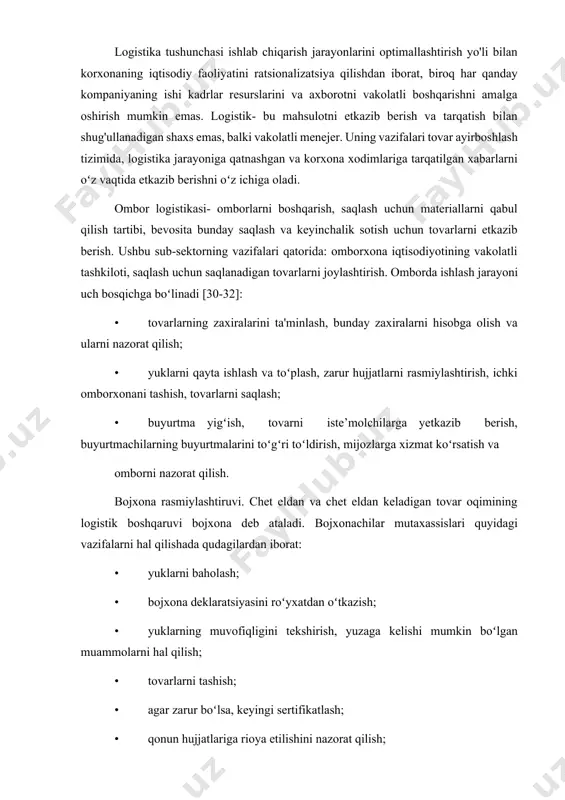 rdoshlikni oshirish, mijozlarga tezkor va samarali xizmat ko‘rsatish uchun ta’minot zanjirini optimallashtirishga ehtiyoj sezmoqdalar. ta’minot zanjirini samarali boshqarish ishlab chiqarish, logistika, saqlash va taqsimot jarayonlarini takomillashtirish orqali xarajatlarni kamaytirishga, resurslardan samarali foydalanishga va operatsion jarayonlarni tezlashtirishga yordam beradi. ushbu maqolada ta’minot zanjirini optimallashtirishning asosiy yo‘llari, ilg‘or tajribalar va innovatsion texnologiyalar tahlil qilinadi. ta’minot zanjirini optimallashtirishning ahamiyati ta’minot zanjiri xomashyodan tayyor mahsulotgacha bo‘lgan jarayonlarning uzluksiz ishlashini ta’minlaydi. optimallashtirilgan ta’minot zanjiri quyidagi afzalliklarni beradi: · ishlab chiqarish samaradorligini oshirish – ishlab chiqarish jarayonlarini aniq rejalashtirish va avtomatlashtirish orqali mahsulot yetkazib berish tezligini oshirish. · xarajatlarni kamaytirish – transport, omborxona va boshqa logistika xarajatlarini optimallashtirish. · mijozlarga xizmat ko‘rsatish sifatini yaxshilash – talabni oldindan prognoz qilish va mahsulotlarni tezroq yetkazib berish imkoniyati. · resurslardan samarali foydalanish – energiya va xomashyo sarfini minimallashtirish. ta’minot zanjirini optimallashtirish yo‘llari 1. raqamli texnologiyalarni joriy etish: hozirgi kunda raqamli texnologiyalar ta’minot zanjirining har bir bosqichida samaradorlikni oshirishga yordam …