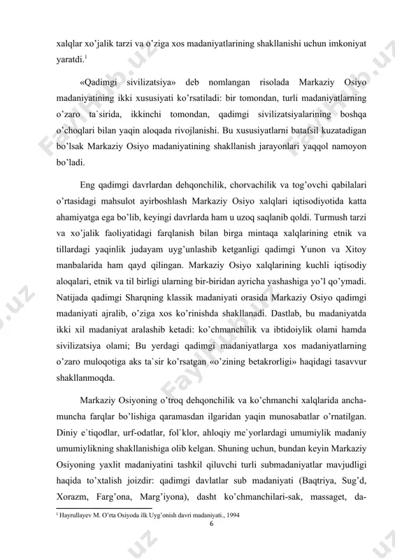 bajardi. xususan, markaziy osiyo hududi orqali buddizm butun dunyoga yoyildi, hindiston va xitoyga ellinistik madaniyat ko’rinishlari o’tdi, sharqdan g’arbga va g’arbdan sharqga madaniy boyliklar (bilim, diniy g’oya, kashfiyot, badiiy asarlarning) almashib turishida markaziy osiyo muhim vositachi bo’lib xizmat qiladi. markaziy osiyo madaniyatining buyuk vositachilik missiyasi boshqa madaniy qadriyatlarini yangilashi, o’zlashtirish mahorati va qayta ishlash kabi jihatlarisiz bo’lmas edi. bu madaniyat qadimdanoq yangi hodisalarni o’zlashtirish va moslashtirish mahoratiga ega bo’ldi. afsuski, ko’pgina urushlar markaziy osiyo madaniyatining qadimgi taraqqiyot davrlarining behisob dalillarini yo’q qildi. arxeolog qazilma ma`lumotlar va yozma manbalar miloddan avvalgi i-ming yillik boshlarida vujudga kelgan markaziy osiyoning ilk davlatlari baqtriya, sug’d va xorazm madaniyati haqida bir oz ma`lumotlar beradi. miloddan avvalgi viii-vi asrlarga oid afrosiyob (samarqand), surxondaryo vohasidagi qiziltepa, qashqadaryo vohasidagi uzunqir, xorazmdagi ko’ziliqir kabi qadimgi shaharlarda o’tkazilgan tadqiqotlar murakkab ijtimoiy tuzilma va madaniyatning yuqori rivojlanganligini ko’rsatadi. bu shaharlar mudofa devorlari va suv ta`minotidan iborat kuchli istehkom tizimiga ega bo’lib, …