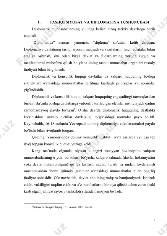 dushmanlik maqsadidami, yuzaga keladigan munosabatlarga ko’proq taalluqlidir. tor ma’noda olganda, diplomatiya[footnoteref:3]- xalqaro muzokarolar yuritish san’atidir. diplomatiya doirasi va shakli xalqaro huquqda belgilanadi. shu bilan birga, diplomatiya xalqaro huquq normalarini yaratish va joriy etish vositasi ham hisoblanadi. tashqi siyosat, diplomatiya va xalqaro huquqning xalqaro munosabatlar tizimidagi uzviy birligi hamda o’zaro bog’liqligi xuddi ana shunda namoyon bo’ladi. [3: lukashuk i.i., saidov a.x. hozirgi zamon xalqaro huquq nazariyasi asoslari. darslik. - t. “sharq”, 2004, 126-bet. ] odatda diplomatiya doimiy diplomatiya vakolotxonalari almashinuvi bilan bog’liq va bunday doimiy (yoki, hech bo’lmaganda, muntazam) vakolotxona davlatlarga bmt va bshqa yirik hukumatlararo tashkilotlarga o’z a’zoligini moddiylashtirishi uchun zarur. bundan tashqari, maxsusmissiyalar (yoki ad hoc diplomatiyasi) hamda davlatlarning konferentsiyalarida ad hoc (ya’ni muayyan munosabat bilan) vakillari mavjud bo’ladi[footnoteref:4]. [4: lukashuk i.i., saidov a.x. hozirgi zamon xalqaro huquq nazariyasi asoslari. darslik. - t. “sharq”, 2004, 125-bet] diplomatiya aloqalarini tartibga soluvchi xalqaro huquq normalari davlatlarning uzoq yillik amaliyoti natijasida ishlab …