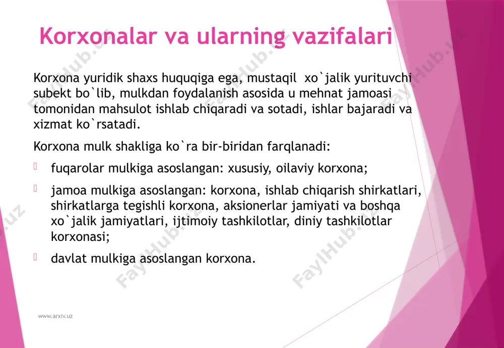 deb xisoblagan holda, u sudga murojaat etishi mumkin. korxonani davlat ro`yxatidan o`tkazish uchun qonunda ko`rsatilgan miqdorda badal olinadi. to`plangan mablag`lar korxona ro`yxatidan o`tgan shahar, tuman byudjetiga o`tkaziladi. www.arxiv.uz korxona mulki korxona mulki, bu –uning asosiy aylanma fondlari hamda qiymati korxonaning mustaqil balansida aks etirilgan boshqa boyliklardir. korxona mulki nizomga muvofiq unga to`liq mulkdorlik va egalik qilish huquqi bilan tegishli bo`ladi. ta’sischilarning pul va moddiy badallari, mahsulot sotish va xizmat ko`rsatish, shuningdek, xo`jalik faoliyatining boshqa turlari natijalari; bank va boshqa kreditorlar qarzlari; byudjetdan kapital va qo`yilma va dodatsiyalar, tashkilot va fuqarolarning beg`araz va homiylik badallari, qonun tomonidan taqiqlanmagan boshqalar korxona mulki manbasi bo`lib xizmat qiladi. davlat korxona mulkiy huquqlarini himoya qilishni kafolatlaydi. davlat tomonidan korxona asosiy va aylanma fondlari va boshqa boyliklarini faqat qonunda ko`rsatilgan hollardagina tortib olinishi mumkin. www.arxiv.uz korxona xo`jalik mexanizmi, uni shakllantirish va rivojlantirish korxona xo`jalik mexanizmi - bu xo`jalik yuritishning tamoyil, usul va shakllari ko`lami bo`lib, ular …