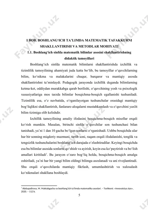 dan qaraganda, bu tamoyillar o‘quvchilarni bilimlarni mexanik emas, balki ongli, tushunchalar orasidagi bog‘liqlik asosida o‘zlashtirishga yo‘naltiradi. bu, o‘z navbatida, fanlararo bog‘liqlikni ham mustahkamlaydi. misol uchun, matematika darsida geometrik shakllarni o‘rganish chog‘ida tasviriy san’at darsida o‘rgatilgan shakllarni tanish orqali bilimlar mustahkamlanadi. yoki, o‘lchov birliklari mavzusida o‘quvchilar amaliy hayotda duch keladigan holatlardan foydalanib, bu bilimlarni kundalik faoliyatda qo‘llashni o‘rganadilar. masalan, "1 metr" nima degan savolga, ular chizilgan o‘lchamli lenta yoki chizg‘ich orqali javob topadilar. izchillik va tizimlilik tamoyili o‘quvchilarning mustaqil ishlash, muammoli vaziyatda yechim topish, sabab-oqibatni aniqlash va mantiqiy xulosa chiqarish qobiliyatlarini ham rivojlantiradi. bu esa matematikaning asosiy maqsadi bo‘lmish analitik fikrlashni shakllantirishga xizmat qiladi. boshlang‘ich sinfda matematik bilimlarni shakllantirishda izchillik va tizimlilik tamoyillari o‘quv materialining mazmunini to‘g‘ri tanlash, uni mantiqiy tartibda taqdim etish va o‘quvchining psixologik rivojlanish xususiyatlariga mos metodlar asosida ta’limni olib borish zarurligini belgilaydi. ushbu tamoyillarni to‘g‘ri qo‘llash orqali boshlang‘ich sinf o‘quvchisida mustahkam bilimlar poydevori, to‘g‘ri fikrlash, muammoni hal …