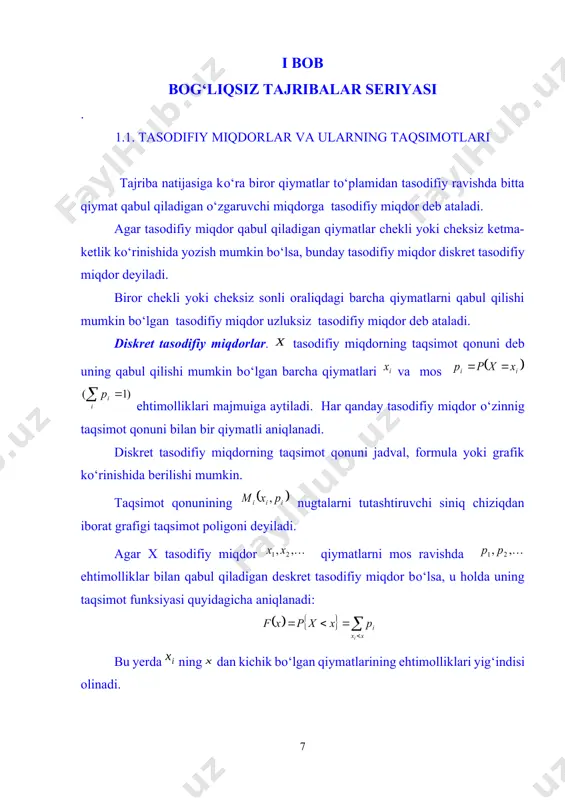 i: . bitiruv malakaviy ishning natijalarini isbotlashda ehtimoliy asimptotik analiz usullaridan foydalanilgan. i bob bog‘liqsiz tajribalar seriyasi . 1.1. tasodifiy miqdorlar va ularning taqsimotlari tajriba natijasiga kо‘ra biror qiymatlar tо‘plamidan tasodifiy ravishda bitta qiymat qabul qiladigan о‘zgaruvchi miqdorga tasodifiy miqdor deb ataladi. agar tasodifiy miqdor qabul qiladigan qiymatlar chekli yoki cheksiz ketma-ketlik kо‘rinishida yozish mumkin bо‘lsa, bunday tasodifiy miqdor diskret tasodifiy miqdor deyiladi. biror chekli yoki cheksiz sonli oraliqdagi barcha qiymatlarni qabul qilishi mumkin bо‘lgan tasodifiy miqdor uzluksiz tasodifiy miqdor deb ataladi. diskret tasodifiy miqdorlar. tasodifiy miqdorning taqsimot qonuni deb uning qabul qilishi mumkin bо‘lgan barcha qiymatlari va mos ehtimolliklari majmuiga aytiladi. har qanday tasodifiy miqdor о‘zinnig taqsimot qonuni bilan bir qiymatli aniqlanadi. diskret tasodifiy miqdorning taqsimot qonuni jadval, formula yoki grafik kо‘rinishida berilishi mumkin. taqsimot qonunining nugtalarni tutashtiruvchi siniq chiziqdan iborat grafigi taqsimot poligoni deyiladi. agar x tasodifiy miqdor qiymatlarni mos ravishda ehtimolliklar bilan qabul qiladigan deskret tasodifiy miqdor …