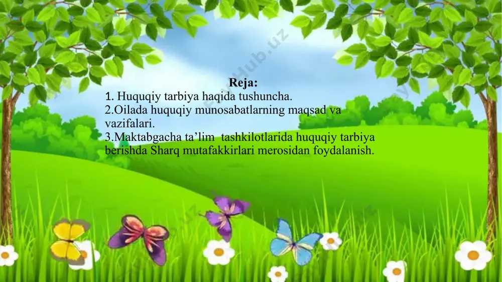 . huquqiy ong – huquqiy madaniyatning ajralmas qismi bo‘lib hisoblanadi. har bir shaxsning huquqiy ongi uning qonun me’yorlariga munosabatidan, ularni qabul qilish xususiyatlaridan, o‘rnatilgan qonunni qo‘llash, unga rioya qilish tushunchalaridan kelib chiqadi. jamiyat hayotini huquqiy tartib asosida tuzish to‘g’risidagi tushunchalar tizimi, ijtimoiy ong shakli – huquqiy ong deyiladi. ijtimoiy ong o‘z navbatida quyidagi guruhlarga bo‘linadi siyosiy; axloqiy; diniy; huquqiy; huquqiy ong - o‘zbekiston davlati va uning organlari tomonida qabul qilingan qonun hujjatlarini anglash, ularga rioya etish, ulardan ongli ravishda foydalana olish qobiliyatidir. qonun deganda davlat hokimiyatining oliy organi tomonidan qabul qilingan ijtimoiy munosabatlarni tartibga soluvchi oliy yuridik kuchga ega normativ huquqiy akt tushuniladi. qonunning asosiy jihatlari quyidagilar: qonun davlat hokimiyati yuqori vakillik organi tomonidan chiqariladi; qonun yuqori yuridik kuchga ega; me’yoriy-huquqiy xarakterga ega; unda turli ijtimoiy munosabatlar tartibga solinadi. qonunlar davr talablarining bajarilishiga qaratiladi. qonun xalqning irodasini mujassamlashtiradi. jamiyat va davlatning yetakchi kuchi uning qonunlaridir oilada huquqiy munosabatlarning maqsad va …