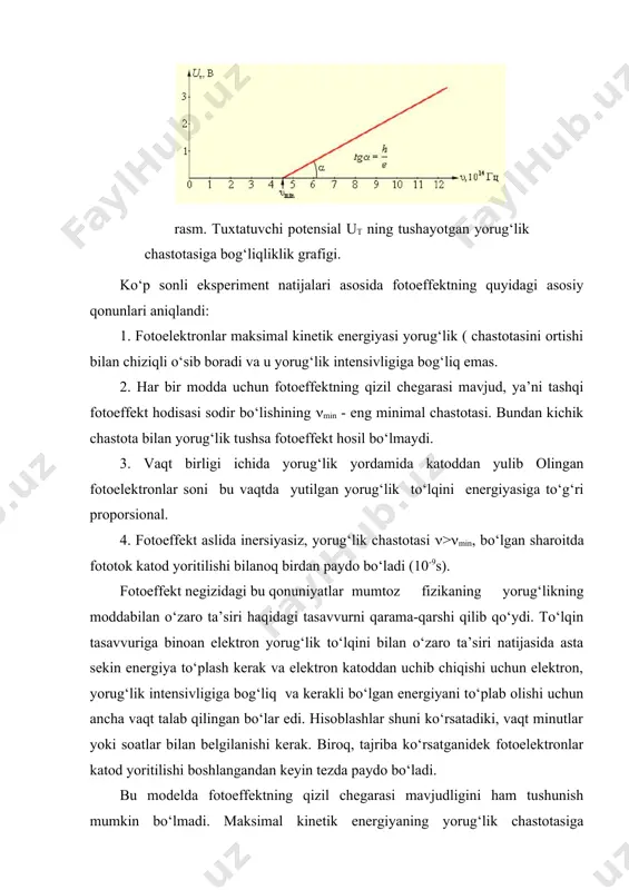ri proporsional bo‘lishi kerak. eynshteyn tenglamasidan ko‘rinib turibdiki, to‘xtatuvchi potensial ut,( chastotadan bog‘liqligini ifodalovchi to‘g‘ri chiziqning egilish burchagi tangensi plank h doimiysining elektron ye zaryadi nisbatiga teng: (16.3) bu plank doimiysining qiymatini tajribada aniqlash imkoniyatini beradi. bunday o‘lchashlar r.milliken tomonidan (1914 yil) bajarildi va plank tomonidan topilgan qiymat bilan mos tushdi. bu o‘lchashlar аch chiqish ishini aniqlash imkoniyatini ham berdi: . (16.4) bu yerda s - yorug‘lik tezligi (qiz – fotoeffekt qizil chegarasiga mos tushadigan to‘lqin uzunligi. ko‘pgina metallarda a chiqish ishi bir necha elektronvoltni tashkil etadi (1eв=1,602(10-19j). kvant fizikasida ko‘pincha elektronvolt energiya o‘lchov birligi sifatida ishlatiladi. plank doimiysining elektronvolt sekundda ifodalangan qiymati: h=4,136(10-15 eв( s . ga teng. metallar orasida kam chiqish ishiga egalari ishqoriy metallardir. masalan, natriyda аch=1,9 eв fotoeffekt qizil chegarasi (qiz ( 680 nm ga to‘g‘ri keladi. shuning uchun ishqoriy metallarni fotoelementlarda katod o‘rnida ishlatishadi. xullas, fotoeffekt qonunlari shuni ko‘rsatdiki, yorug‘lik chiqarilishida va yutilishida foton yoki …