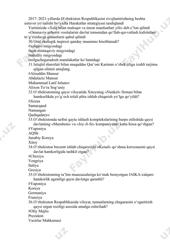 a asosiy davrga bo‘lish mumkin. shundan ikkinchi davri qaysi yillarni o‘z ichiga oladi? #1995–2004-yillar 1991–1994-yillar 1990-1994 yillar 2005-yildan hozirgi paytgacha 40. mamlakat parlamentining bosib o‘tgan yo‘lini tarixiy nuqtayi nazardan tahlil etar ekanmiz, uni shartli ravishda uchta asosiy davrga bo‘lish mumkin. shundan uchinchi davri qaysi yillarni o‘z ichiga oladi? #2005-yildan hozirgi paytgacha 1995–2004-yillar 1991–1994-yillar 1990-1994 yillar 41. «o‘zbekiston respublikasining tashqi siyosiy faoliyati konsepsiyasini tasdiqlash to‘g‘risida»gi qonuni qachon qabul qilingan? #2012 yil sentyabr 2010 yil oktyabr 2014 yil dekabr 2008 yil may 42. «bundan buyon har bir tuman va shaharlarga kerak bo‘lsa, cheka-cheka qishloq va ovullarga kirib boramiz. u yerda istiqomat qilayotgan odamlarning dardini eshitamiz, muammolarini hal qilishga qaratilgan dasturlar ishlab chiqamiz va ijrosini qat’iy nazoratga olamiz»-ushbu so‘zlar……tegishli? #sh.m.mirziyoyevga i. karimovga sh. rashidovga a. aripovga 43. bmt bosh assambleyasining 72 sessiyasida «ma’rifat va diniy bag‘rikenglik» deb nomlangan maxsus rezolyusiyani qabul qilish taklifi bilan murojaat qilgan davlat rahbari kim? #sh. mirziyoyev i. karimovga …