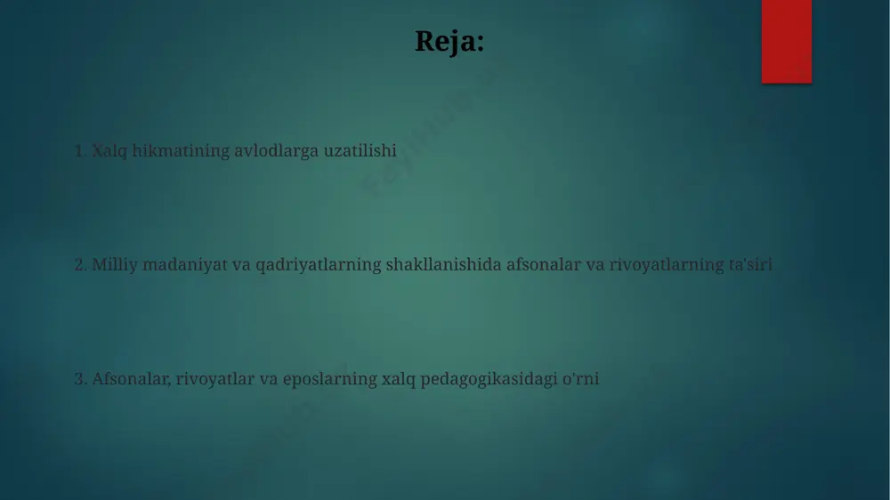 a tenglik g'oyalarini singdirish xalq ertaklari va dostonlarida, masalan, “alpomish” yoki “rustam” kabi asarlarda, adolatsizlikka qarshi kurash va 3 dan ortiq qahramonlarning teng huquqlilik uchun kurashi aks etadi, ijtimoiy adolat g'oyasini bolalar ongiga singdiradi. o'zbek xalq og'zaki ijodining 80% dan ortig'i ijtimoiy adolat va tenglikka oid voqealar, masalan, kambag'al va boy, kuchli va zaiflarning o'zaro munosabatlarini aks ettiruvchi hikoyalarni o'z ichiga oladi. axloqiy qadriyatlarning o'rgatilishi folklor an'analarida 20 dan ortiq turli xil hikoyalar orqali yaxshilik va yomonlik, rostgo'ylik va yolg'onchilik kabi qarama-qarshi tushunchalar taqqoslanadi va bolalarga to'g'ri yo'lni tanlashga o'rgatishda muhim rol o'ynaydi. epik asarlar, masalan, "alpomish" dostonida qahramonning o'ziga xos xususiyatlari va qilmishlari orqali 5 ta muhim axloqiy me'yor – vatanparvarlik, adolat, fidoyilik, sabr-toqat va qat'iyatlilikni namoyon etadi. tarixni saqlash va avlodlarga yetkazish og'zaki adabiyot an'analari, masalan, dostonlar, taxminan 10-15% tarixiy ma'lumotlarni, 85-90% esa ijtimoiy-madaniy qadriyatlarni, axloqiy me'yorlarni aks ettiradi. epik qahramonlarning obrazlari va ularning fe'l-atvorlari orqali 5 dan …