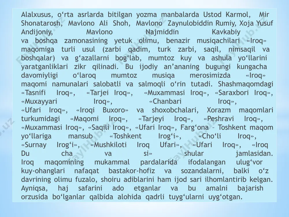 i» va hokazo) ajratiladi. ba’zi turkum qismlarining maxsus nomlari ham bor. masalan, «miskin i–v» cholg‘u turkumining iii qismi «adoiy», iv qismi «asiriy» deb atalsa, «nasrullo i–v»ning ii qismi «chapandoz», iii qismi «qashqarcha», iv qismi «tarona» va v qismi «ufar» deb ataladi va hokazo. turkum qismlarida shashmaqomdan ma’lum mu xammas va saqil nomli keng hajmli usullar qo‘llanilmaydi, balki boshlang‘ichda zarbi qadim, o‘rta (2–3) qismlarda «chapandoz» («talqin») yoki zarbi qadimning variant ko‘rinishlari hozir bo‘ladi. va, nihoyat, yakuniy (4–5) qismlarda og‘ir va yengil ufarlar ulanib keladi. masalan, «ajam» turkumida usullar nisbati quyidagicha ko‘rinish kasb etadi: ajam i–v ushbu «ajam» turkumida bahoriy manzara va navro‘z bayrami bilan bog‘liq shodlik tuyg‘ulari ufurib turadi. xususan, ikki hissali («zarbi qadim»ning bir ko‘rinishi bo‘lgan) usulga bog‘liq kelgan «ajam i»da oddiy, lekin zavqli ohanglar bilan bezalgan kuy bayoni go‘yo ommaviy marosim ishtirokchilarining bir yo‘sindagi harakatlarini ifodalaydi. «navo» maqomiga xos pardalardagi ri voj la nish jarayonida esa betakror maftunkor zavqli …