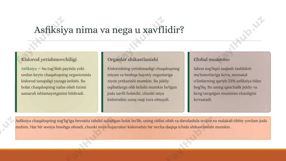 si pushti, oyoq- qoʻllari tsianotik butun tanasi va oyoq-qoʻllarining pushti rangi nafas olish yoʻq zaif (gipoventiliya) faol yigʻlash, ritmik nafas olish pulslar soni < 60 yoki yoʻq 100 dan kam 100 va undan koʻp harakatchanlik yoʻq ogʻriqqa reaktsiya qiladi qattiq yigʻlash faol harakatlar mushak tonusi yoʻq oyoq- qoʻllarning qisman bukilishi harakatning faolligi apgar shkalasi uchun beshta koʻrsatkich:koʻrsatkichlari apgar ballarining baholanishi baholash tizimi har bir apgar elementi (rang, yurak urishi, refleks, mushak tonusi, nafas olish) 0 dan 2 gacha ball bilan baholanadi. beshta elementning umumiy ballari yig‘indisi 0 dan 10 gacha bo‘ladi. ballar izohi 7-10 ball: chaqaloqning holati yaxshi, unga oddiy parvarish yetarli. 4-6 ball: chaqaloq o‘rtacha darajada stressda, ba'zi tibbiy aralashuvlar talab qilinishi mumkin (masalan, kislorod berish). 0-3 ball: chaqaloq jiddiy ahvolda, shoshilinch reanimatsiya va tibbiy yordam zarur. 1 daqiqadagi ball tug‘ilishdan keyingi birinchi daqiqada olingan ball chaqaloqning tug‘ilish jarayonini qanday o‘tkazganini va onaning homiladorlik davridagi holatini aks ettiradi. bu …