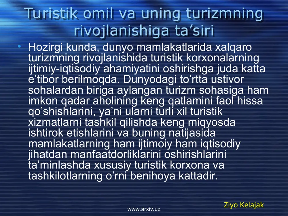 naviy-milliy xarakterdagi mahsulotlarni ishlab chiqaradigan mahalliy kichik va o’rta korxonalar, hunarmandchilik korxonalari va shu kabilarni kiritish mumkin. ziyo kelajak www.arxiv.uz www.arxiv.uz turizm soxasi bozor tizimidagi boshqa har qanday iqtisodiyoti tarmog’i kabi alohida segment hisoblanadi. shuning uchun ham turizm faoliyatini talab va taklif omillarining o’zaro bog’liq strukturasi sifatida ko’rib chiqish nihoyatda muhim ahamiyat kasb etadi. ma’lumki, talab va taklif omillari bozor munosabatlari sharoitida xususiy mulkchilik munosabatlarini xar jihatdan rivojlanishini belgilab beruvchi asosiy tayanch hisoblanishadi. har qanday mamlakatdagi turistik xizmatlar bozorida xususiy turistik firmalar mavjud talab va ehtiyojlarni atroflicha hisobga olmay turib, o’z xizmatlari taklifini kutilganidek amalga oshirisha olmaydi. ko’rinib turganidek, xususiy turistik firmalar bozordagi talab va taklif omillarini to’liq hisobga olgan holda harakat qilganda, ularning respublika turizm iqtisodiyotiiga ijobiy ta’siri bo’lishi mumkin. shu nuqtai nazardan olib qaraganda, biz xususiy turistik firmalarning turizm iqtisodiyotiini rivojlantirishda tutgan o’rni to’g’risida to’xtalib o’tishdan oldin talab va taklif omillari xususida ayrim fikr va mulohazalarimizni bildirib o’tmoqchimiz. …