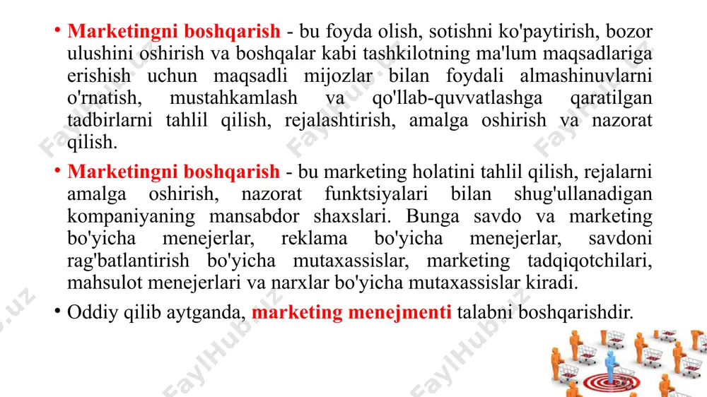 alab darajasi ular qondirishi mumkin bo'lgan yoki qondirishni xohlaganidan yuqori. bu holda demarketing deb ataladigan marketingning vazifasi talabni vaqtincha yoki doimiy ravishda kamaytirish yo'llarini topishdir. umumiy demarketing yordamida ular haddan tashqari talabni kamaytirishga intilishadi, narxlarni oshirish, rag'batlantirish sa'y-harakatlarini yumshatish va xizmat ko'rsatishni qisqartirish kabi choralarni qo'llash. tanlangan demarketing yordamida ular bozorning kamroq daromadli yoki kamroq xizmatlarni talab qiladigan sohalarida talab darajasini pasaytirishga intiladi. demarkingdan maqsad talabni bartaraf etish emas, balki faqat uning darajasini pasaytirishdir. noratsional talab (нерациональный). nosog'lom mahsulotlarga bo'lgan talabni bartaraf etish alohida harakat talab qiladi. sigaretalar, spirtli ichimliklar, giyohvandlik vositalari, o‘qotar qurollar, behayo filmlar tarqatishga, ko‘p bolali oilalar yaratishga qarshi targ‘ibot-tashviqot ishlari olib borilmoqda. marketingning vazifasi qo'rqinchli ma'lumotlarni tarqatish, narxlarni keskin oshirish va mahsulot mavjudligini cheklash orqali sevuvchilarni o'z odatlaridan voz kechishga ishontirishdir. 1.iste'molchilar keng tarqalgan mahsulotlarni afzal ko'radilarkeng tarqalgan va arzon, shuning uchun menejment ishlab chiqarishni takomillashtirish va tarqatish tizimining samaradorligini oshirishga e'tibor qaratishi kerak. ishlab chiqarishni …