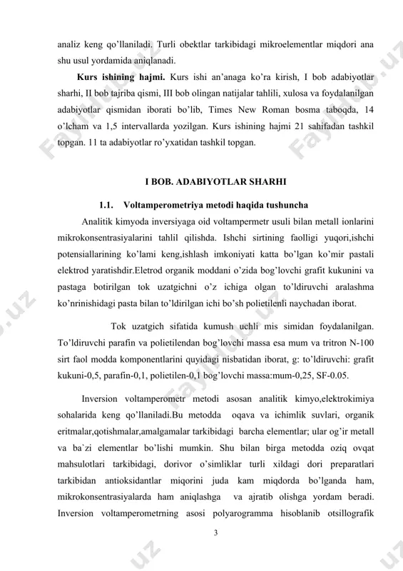 prepаrаtlаri tаrkibidаn аntioksidаntlаr miqorini judа kаm miqdordа bo’lgаndа hаm, mikrokonsentrаsiyalаrdа hаm аniqlаshgа vа аjrаtib olishgа yordаm berаdi. inversion voltаmperometrning аsosi polyarogrаmmа hisoblаnib otsillogrаfik polyarogrаfiya, impuls polyarogrаfiya vа boshqа polyarogrаfik qurilmаlаr mа`lum. bu ishda, shaxsiy kopmyuterga ulanish orqali, gomel zavodida yaratilgan pu- polyarografning nisbatan oddiy modernizasiyalash imkoniyatlari ko`rsatilgan. ushbu voltamperometrli kompleksning ustunligi bir zumdagi analitik signalning xarakteri va kattaligining o`lchanish natijalari, ularni ma`lumotlar bazasini tashkil etish maqsadida xotiraga yozib olish, tezda qulay usulda msoffice dasturiga uzatish orqali qog`ozga chiqarish imkoniyati mavjudligidir. bu ishda, shaxsiy kopmyuterga ulanish orqali, gomel zavodida yaratilgan pu- polyarografning nisbatan oddiy modernizasiyalash imkoniyatlari ko`rsatilgan. ushbu voltamperometrli kompleksning ustunligi bir zumdagi analitik signalning xarakteri va kattaligining o`lchanish natijalari, ularni ma`lumotlar bazasini tashkil etish maqsadida xotiraga yozib olish, tezda qulay usulda msoffice dasturiga uzatish orqali qog`ozga chiqarish imkoniyati mavjudligidir. hozirgi kunda turli xil metodlar universal polyarograf, impuls polyarografiyasi, polyarografiya ossillograf va inversion polyarografiya, inversion voltamperometriya metodlaridan foydalanib og’ir metall tuzlarini …