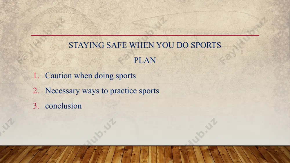 y potential issues early. address minor injuries promptly to prevent them from becoming more serious. use the right technique learn the proper form and technique for your sport to avoid unnecessary strain on muscles and joints. get professional guidance, especially if you're a beginner. 9. take rest days give your body enough time to recover between training sessions. rest days are crucial for preventing overuse injuries and maintaining long-term fitness. environmental awareness be aware of weather conditions and dress accordingly. for instance, in hot weather, avoid peak sun hours, and in cold conditions, dress in layers. check the play surface to ensure it’s safe and free from hazards like holes or slippery patches. by following these tips, you can significantly reduce the risk of injury and enjoy your sports activities more safely! objective: develop a structured warm-up and cool-down routine. warm-up plan: 5-10 minutes of light cardio (e.g., jogging, jumping …