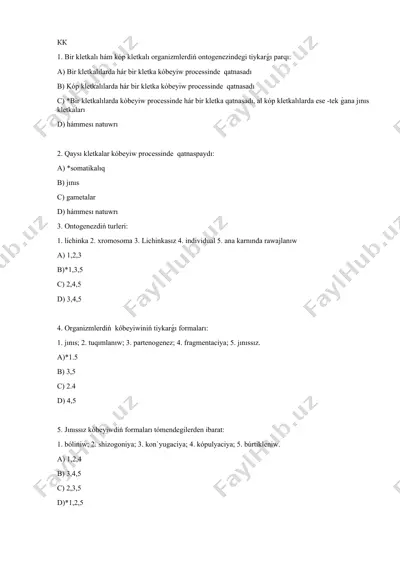 organizmlarning ontogenezi bo'yicha testlar to'plami — DOCX