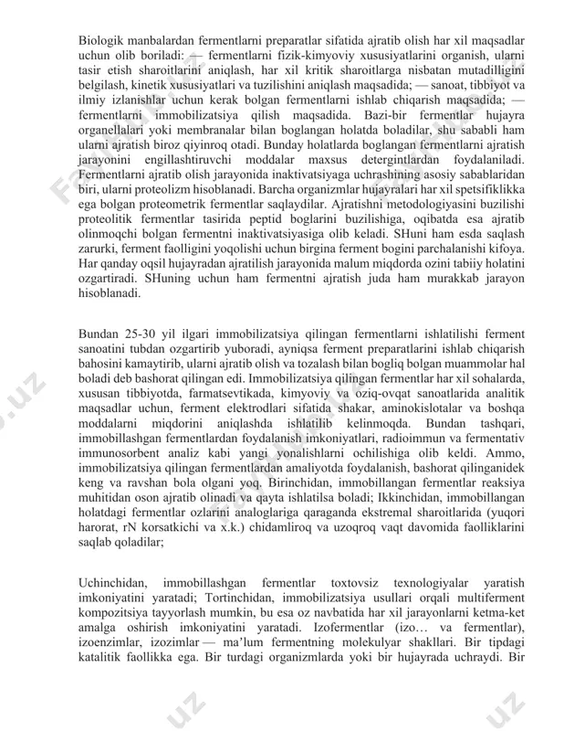 chun ikkita holat: 1. muayyan mahsulotga xaridor bo�lishi shart. 2. jarayonni ishlab-chiqarishga tadbiq etish iqtisodiy foyda keltiradigan bo�lishi kerak. sanoat sharoitida fermentlar asosan mikroorganizmlardan olinadi: 1. mikrob kulturalari seleksiyasiga (birlamchi seleksiya, mutatsiya, gen muhandisligi) bo�lgan zamonaviy usullar va o�sish sharoitini optimizatsiya qilish har qanday mikrob fermenti biosintezini amalga oshirishga imkon yaratadi. 2. sanoat sharoitida ishlatiladigan shtamm-produtsent, produtsent o�zini fiziologik ehtiyojidan ko�proq miqdorda sintez qilish imkoniyatiga ega bo�lsin. 3. mikroorganizmlarni o�stirish jarayoniga fasl faktorini ta�siri umuman bo�lmasligi shart. 4. har xil taksonomik guruhga mansub bo�lgan mikroorganizm-produtsentlar uchun fermentlarni keng spektori biosintezi xarakterli, ya�ni produtsentlar kerakli fermentlarni sintez qilishi kerak. fermentlar o�zlarining spetsifikliklari bo�yicha uch guruhga bo�linadilar: 1. nisbatan past spetsifiklikka ega bo�lgan fermentlar. bu guruhga barcha gidrolitik fermentlar: amilazalar, lipazalar, pektinazalar, sellyulazalar, esterazalar va boshqalar kiradilar. yuqorida ko�rsatilgan fermentlar har xil tezlikda polimer, oligomer hamda past molekulali substratlarga ta�sir ko�rsatadilar. 2. bir-birlariga o�xshash strukturaga ega bo�lgan bir guruh substratlarga ta�sir etuvchi …