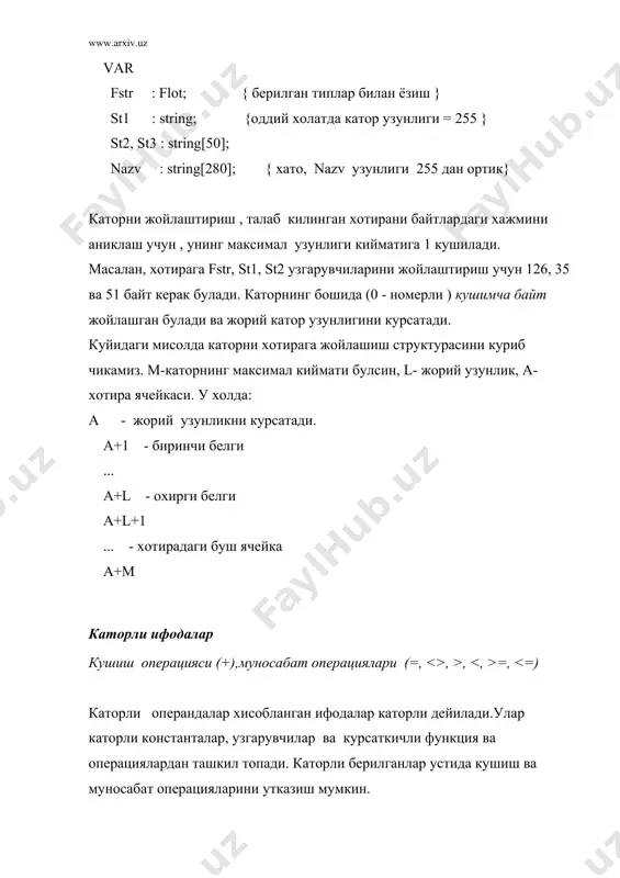 ; охирги ифодани бажарилиши натижасида s3 каторининг киймати 'эвм ес 1841' га тенг булади. str (ibr,st) -ibrдаги кийматни сонли кийматга айлантириб натижани st каторига жойлаштириш. ibrнинг киймати ифода натижа 1500 str(ibr:6,st) '__1500' 4.8e+03 str(ibr:10,st) '______4800' 76854 str(-ibr:3,st) '-76854' val (st,ibr,code) - st кийматни бутун ёки хакикий кийматга айлантириб, натижани ibrга жойлаштириш. code -бутун узгарувчи. агарда операция вактида айлантириш хатолиги руй бермаган булса, у холда code нолга тенг. хатолик руй берган булса, (масалан, литерли киймат сонли кийматга айлантирилган булса), code хатолик йул куйилган белгининг позиция номерини олади. ibr киймат эса аникланмайди. stнинг киймати ифода натижа '1450' val(st,ibr,cod) 1450 code=0 '14.2e+02' val(st,ibr,cod) 1420 code=0 '14.2a+02 val(st,ibr,cod) ? code=5 copy (st,poz,n) - st дан n та белгилик ост каторни poz позициядан бошлаб ажратиш. агарда poz > length(st) булса, у холда натижа пробелга тенг булади, агар poz > 255 булса бажарилишда хатолик булади. length функцияси кейин ёритилади. stнинг киймати ифода натижа 'abcdefg' copy(st, 2, …