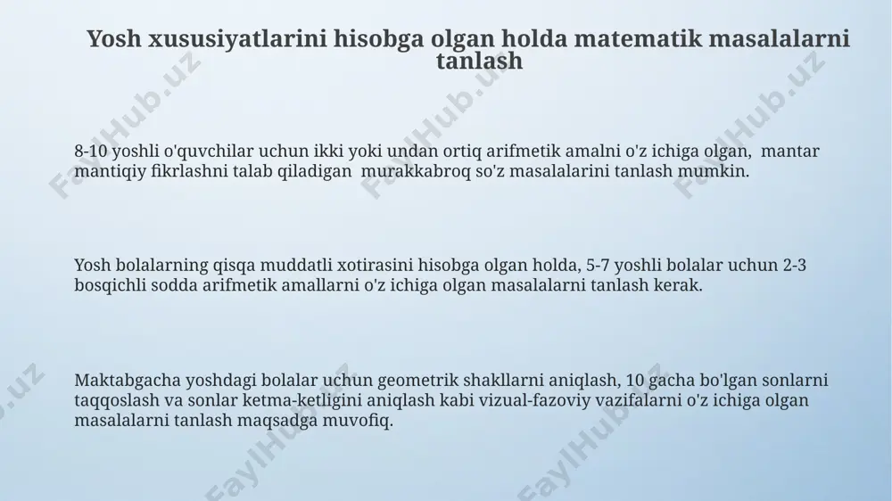 qoʻllanmalar samarali. boshlangʻich sinf oʻquvchilari mantiqiy fikrlash qobiliyatlarini rivojlantirib, sodda geometrik shakllarni, masalan, kvadrat, toʻrtburchak, uchburchakni farqlay oladilar va ular bilan bogʻliq oddiy masalalarni yecha oladilar. sonlar bilan ishlashga oid masalalar sonlar ketma-ketligini aniqlashga oid masalalar ham foydali, masalan, 2, 4, 6, … ketma-ketligidagi keyingi uchta sonni toping, yoki teskari hisoblash kabi vazifalar berish mumkin. sonlarni qo‘shish va ayirish bo‘yicha oddiy masalalar, masalan, 25 ta olma va 12 ta nok bor, jami nechta meva bor? kabi misollardan boshlash mumkin, bu yosh bolalar uchun tushunarli. ikki xonali sonlar bilan ishlashda, qo‘shish va ayirish amallarini takrorlash bilan birga, o‘nlik va birlik tushunchalarini mustahkamlashga e’tibor qaratish kerak. masalan, 36 + 23 yoki 57 - 15 kabi misollar. e'tiboringiz uchun rahmat @taqdimot_robot image4.png image3.jpeg