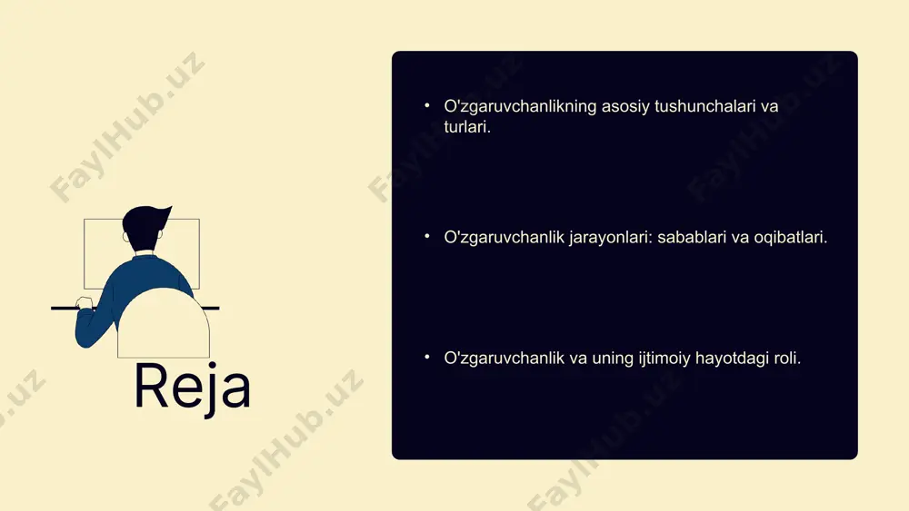 tabiiy o'zgaruvchanlik: bu shakil muhitning o'zgarishi, iqlim sharoitlari yoki boshqa tabiiy faktorlar ta'sirida yuzaga keladi. 2. ijtimoiy o'zgaruvchanlik: jamiyatdagi ijtimoiy munosabatlar, madaniyat va iqtisodiy holatlarning o'zgarishi bilan bog'liq. 3. texnologik o'zgaruvchanlik: yangi texnologiyalar va innovatsiyalar tomonidan keltiriladigan o'zgarishlar. 4. biologik o'zgaruvchanlik: organizm va tirik mavjudotlarning evolyutsiyasi va genetik o'zgarishlari. o'zgaruvchanlik shakillari bir-biri bilan bog'liq bo'lib, ularning o'zaro ta'siri ko'plab murakkab jarayonlarni yaratadi. bu shakillar o'zaro munosabatda bo'lib, o'zgaruvchanlikning aksiya va natijalarini tashkil etadi. o'zgaruvchanlik shakillari haqida diagramma yoki ilova qilish, mazkur tushunchalarni yanada aniqlashtirishga yordam beradi. o'zgaruvchanlikning ahamiyati ijtimoiy ahamiyati o'zgaruvchanlik ijtimoiy hayotda muhim rol o'ynaydi. u jamiyatning rivojlanishiga, yangi g'oyalar va normlarning paydo bo'lishiga olib keladi. masalan, texnologik o'zgarishlar odamlar o'rtasida aloqalarni o'zgartiradi va yangi ijtimoiy strukturalarni shakllantiradi. iqtisodiy ahamiyati iqtisodiy jihatdan, o'zgaruvchanlik bozorning dinamikasini belgilaydi. korxonalar yangi mahsulotlar va xizmatlar ishlab chiqish orqali raqobatbardoshligini saqlashlari kerak. misol uchun, innovatsion texnologiyalar iqtisodiy o'sishni rag'batlantiradi va ish o'rinlarini yaratadi. oqibatlar …